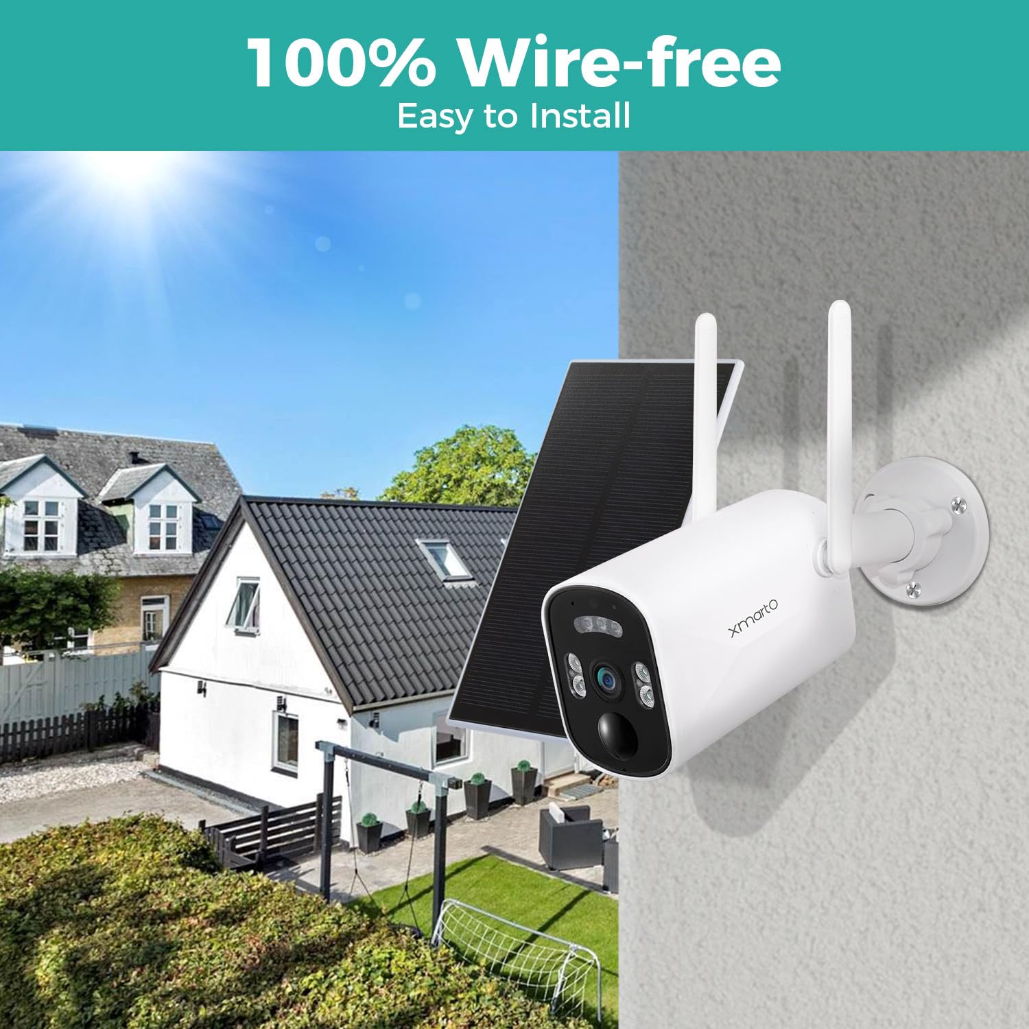 xmartO [Solarbetrieben] Kabellose Solar-Sicherheitskamera für Zuhause, drahtlos (ewige Solarenergie, KI-Bewegungserkennung, Spotlicht und Sirene, SD- und Cloud-Speicher)