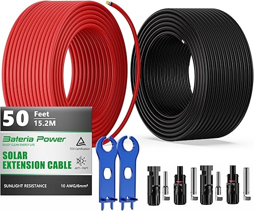 Bateria Power Cable de extensión solar de 50 pies 10 AWG (6 mm), cable solar con conectores hembra y macho con llaves extra gratis, cable de