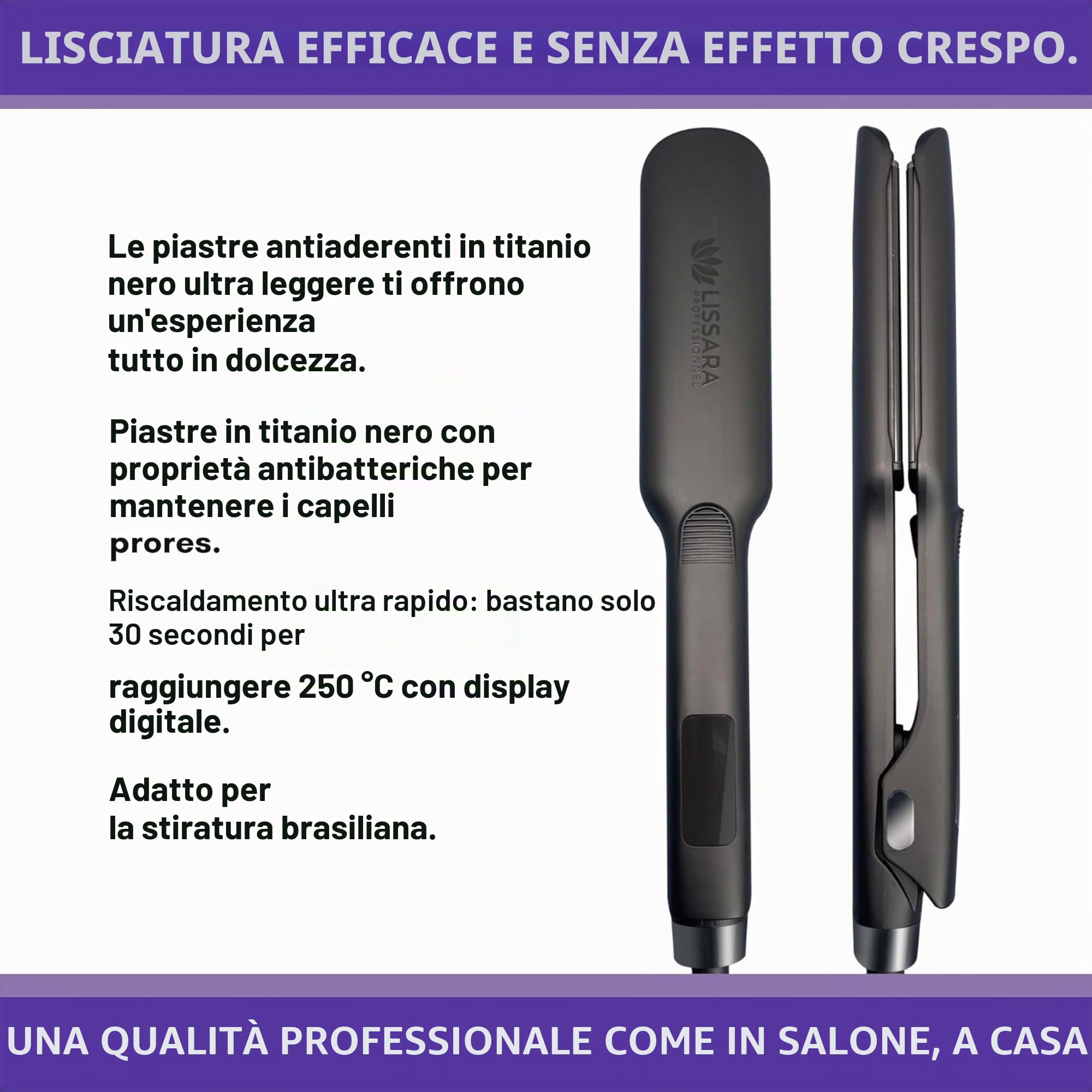 Lissara Wide Evolv - Piastra per capelli professionale - Piastre larghe in Nanotitanio e galleggianti - fino a 230 °C - Speciale per lisciare brasiliano - Nero
