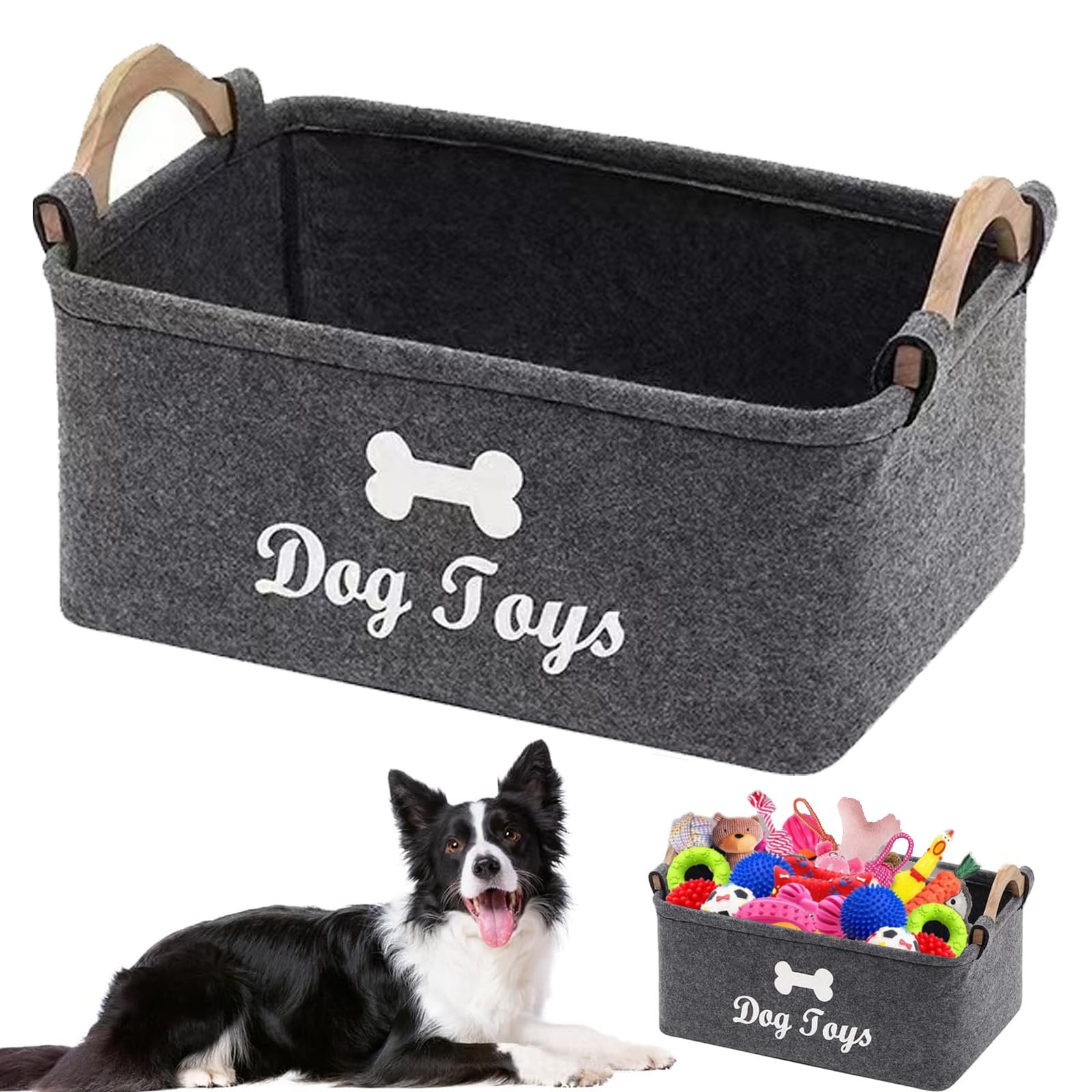 Vauki Caja de almacenamiento para juguetes para perros, 38 x 25 x 18 cm, plegable, de fieltro con mango de madera, cesta de almacenamiento para guardar suministros para mascotas y juguetes (gris