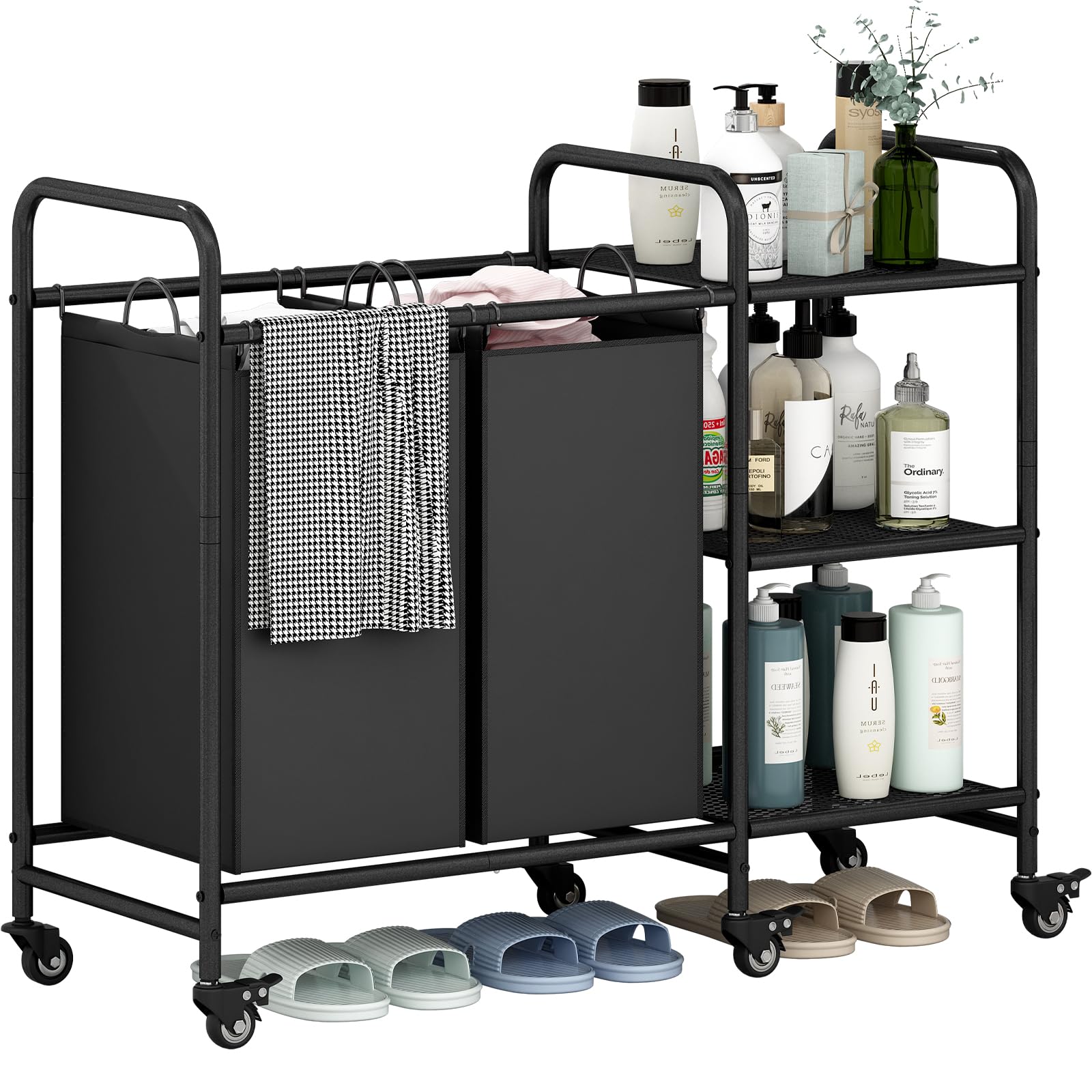 LINZINAR 2 Bag Laundry Basket Sorter Cart with Storage Shelf Hamper with Rolling Wheels for Clothes Storage Organizer Clothes Hamper, Black