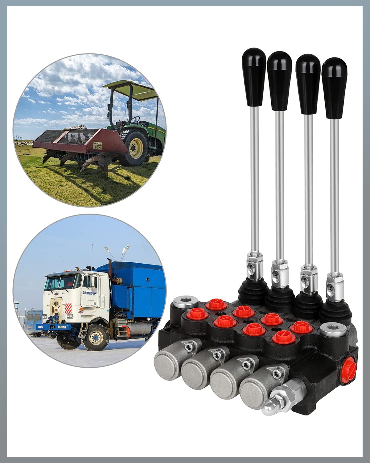 Hydraulic Flow Control Valve 4 Spool 11 GPM G Ports Adjustable Relief Lever Handle Double Acting Parallel Center Tractor Loader W/Joystick Small Tractors/Tanks Loaders Log Splitters