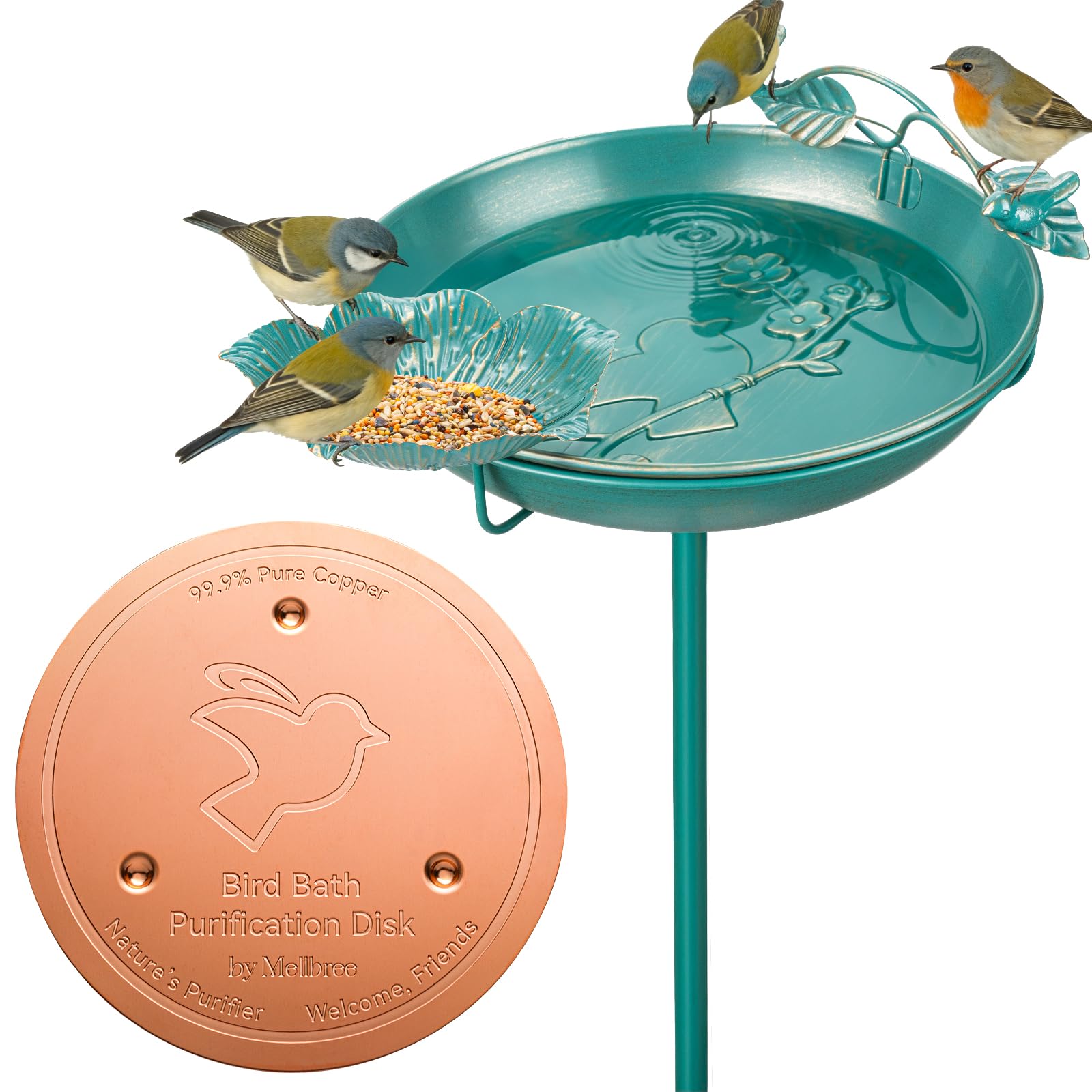 Mellbree Stehende Vogeltränke mit Reinigender Kupferplatte, seeblaues Metall-Vogelbad mit Goldener Dekor-Kupferplatte, Ästhetisch & langlebig und lockt zahlreiche Vogelarten an.
