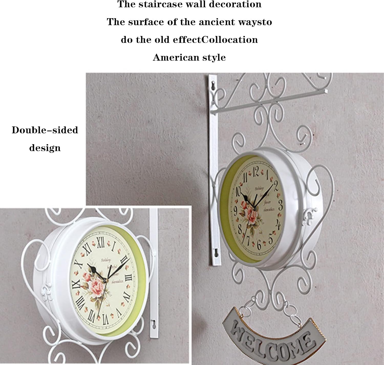 Outdoor Double Sided Clocks Retro Wrought Iron Station Wall Clock Premium Metal Materials Idustry Movement Accurate with Waterproof Glass Cover Hanging Décor for Outdoor Garden