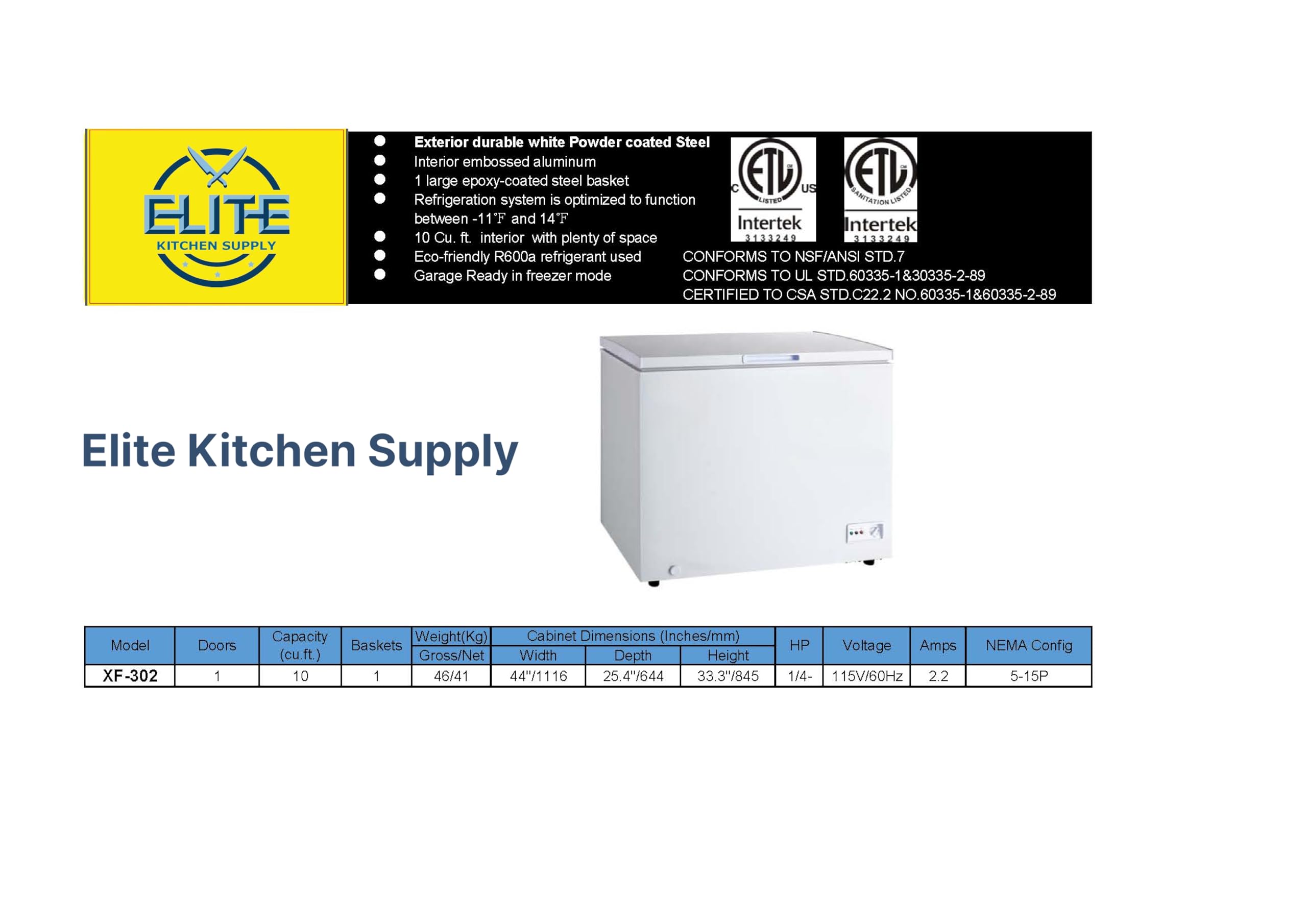 Commercial Chest Freezer, ETL All-Purpose Compact Deep Freezer Solid Top, 44" W 10 cu. ft. Solid Lockable Top Lid w/Storage Baskets, Ice Cream White on Fridge.com