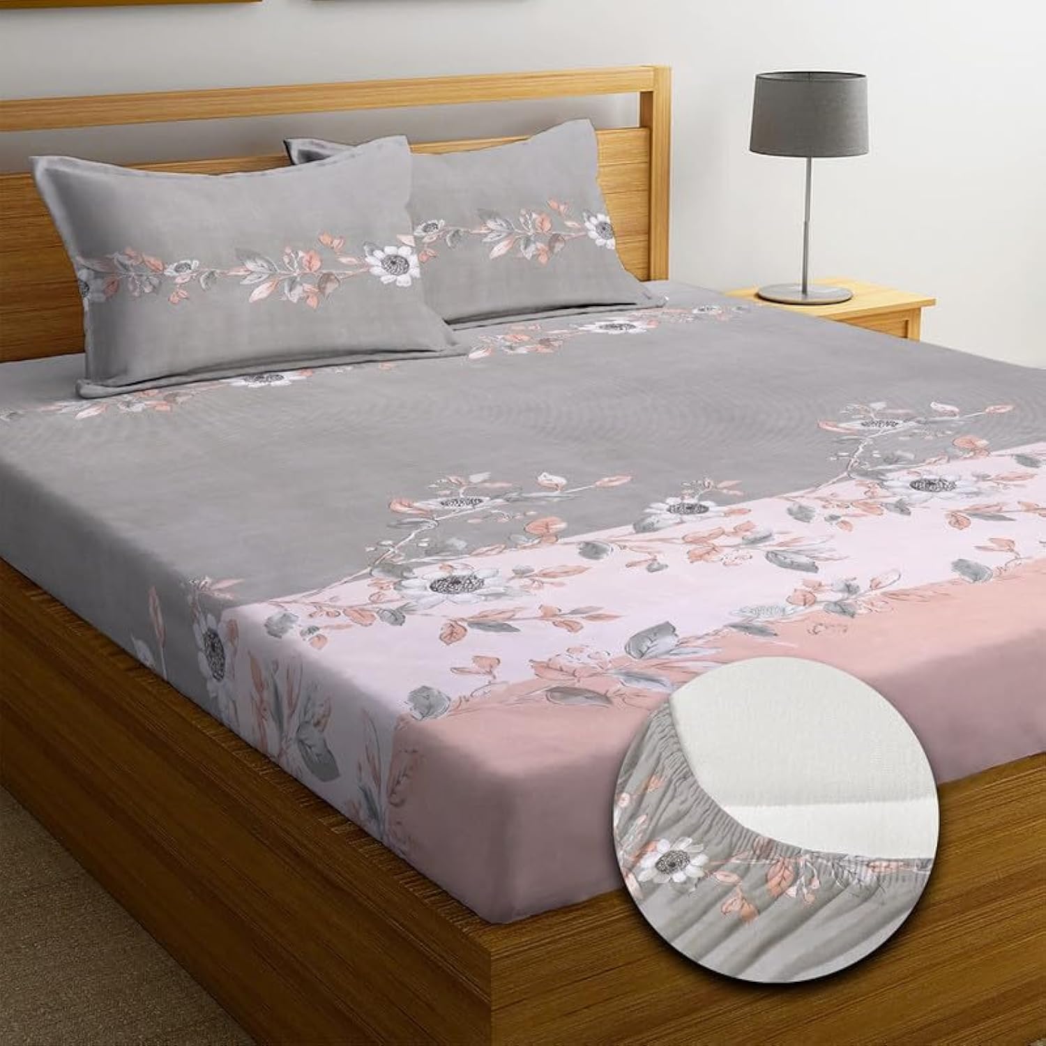 NEW LEAF Premium Cotton Elastic Fitted Bedsheets with 2 King Size Pillow Covers | Double Bed with All Around Elastic 180 TC Supersoft |Size-72 King Sizex78+10 inches | Rust White Striped-image-18