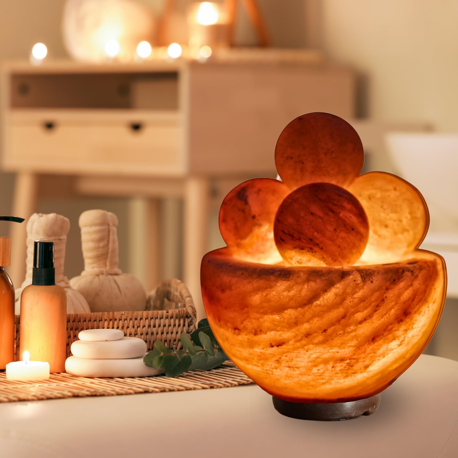 Salzlampe Bol mit 4 Massagekugeln - Handgeschnitzt - Glühbirne und Kabel im Lieferumfang enthalten - Entspannende Dekoration - Himalaya aus Salt Range Pakistan - Salz - Wellness - 1,9 kg - Zen'Light