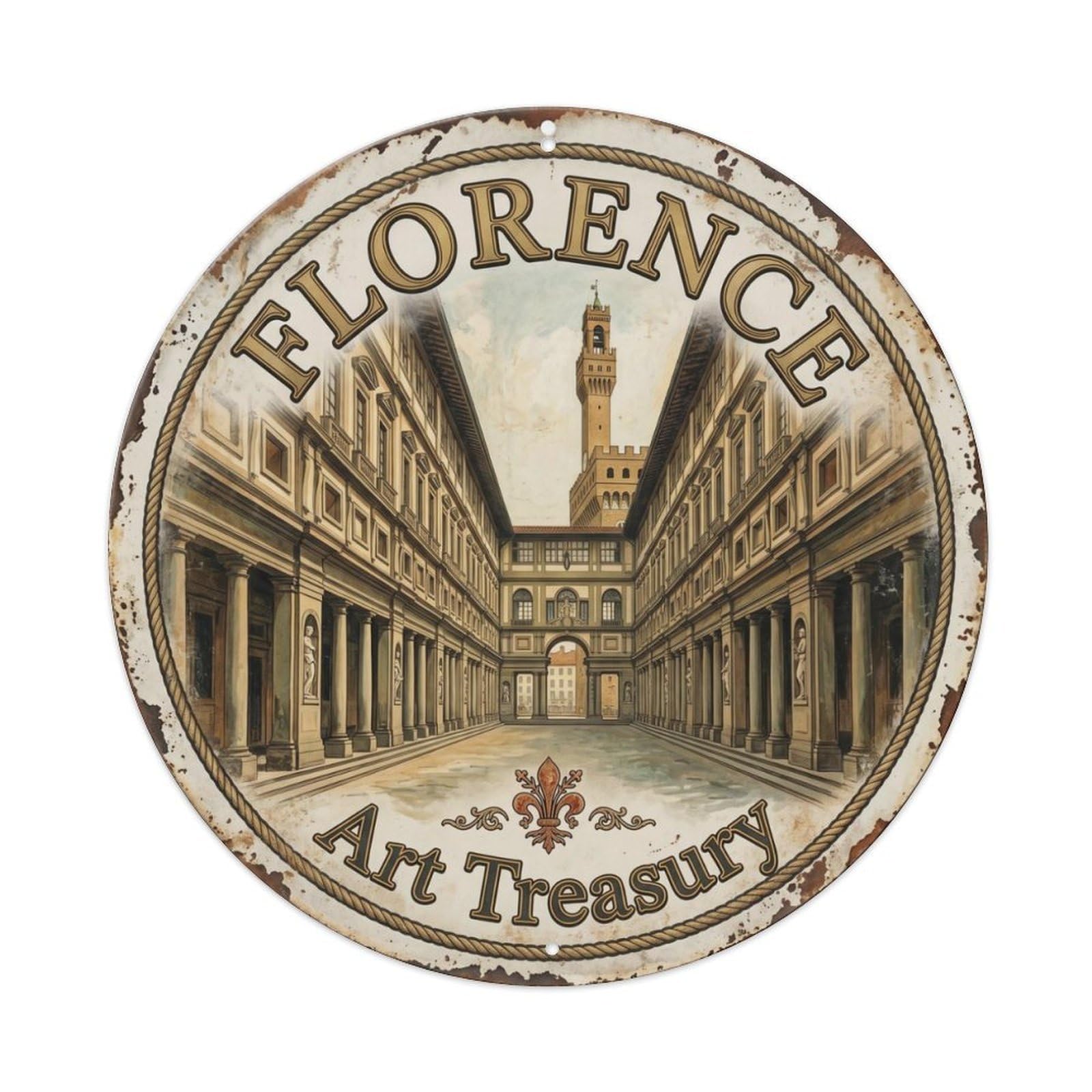 Vintage Travel Florence Uffizi Gallery Metal Tin Sign Plaque Wall Decor for Cafe, Club Bar, Office, Home Garden Round Metal Poster 8x8Inch