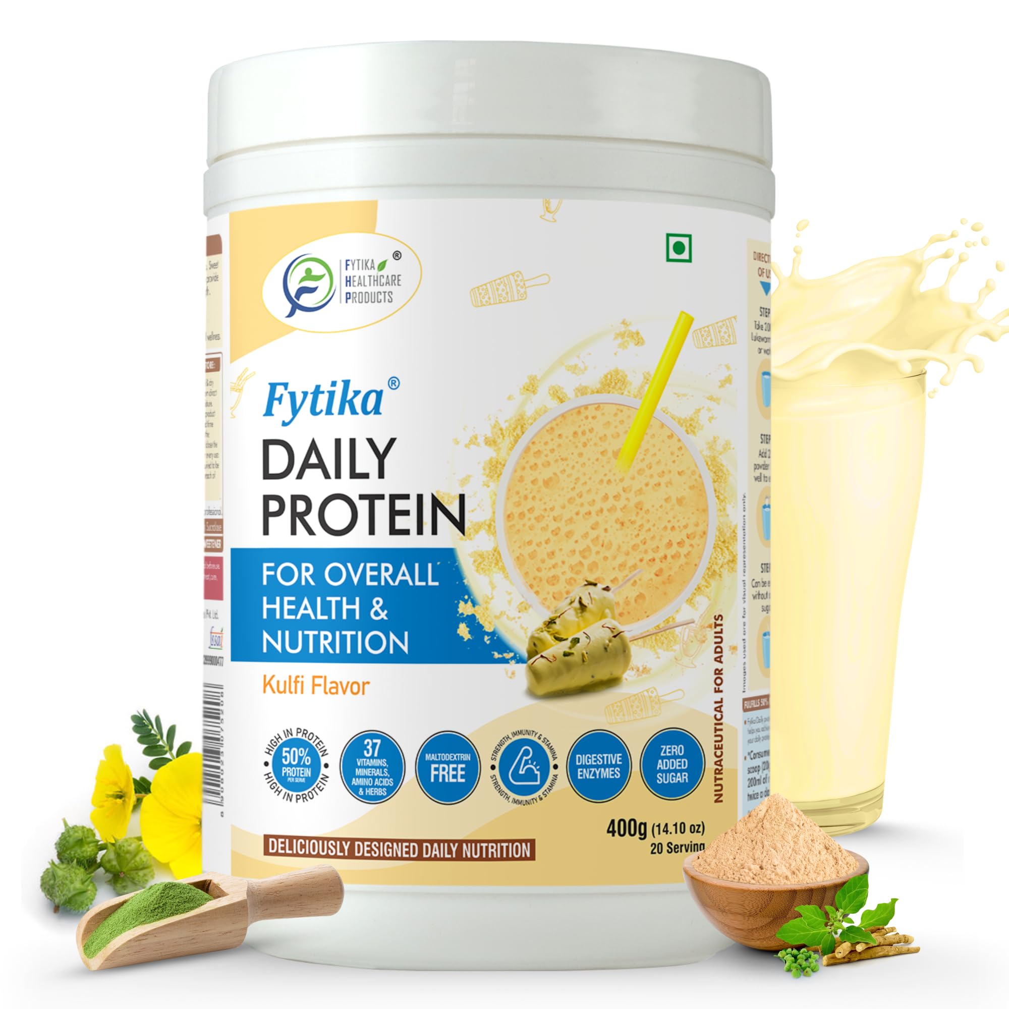 Fytika Daily Protein - 400g (Kulfi, Pack of 1) | Protein Powder for Adults with 37 Essential Vitamins & Minerals, | 50% Protein Per Serve | High Protein Drink for Women & Men