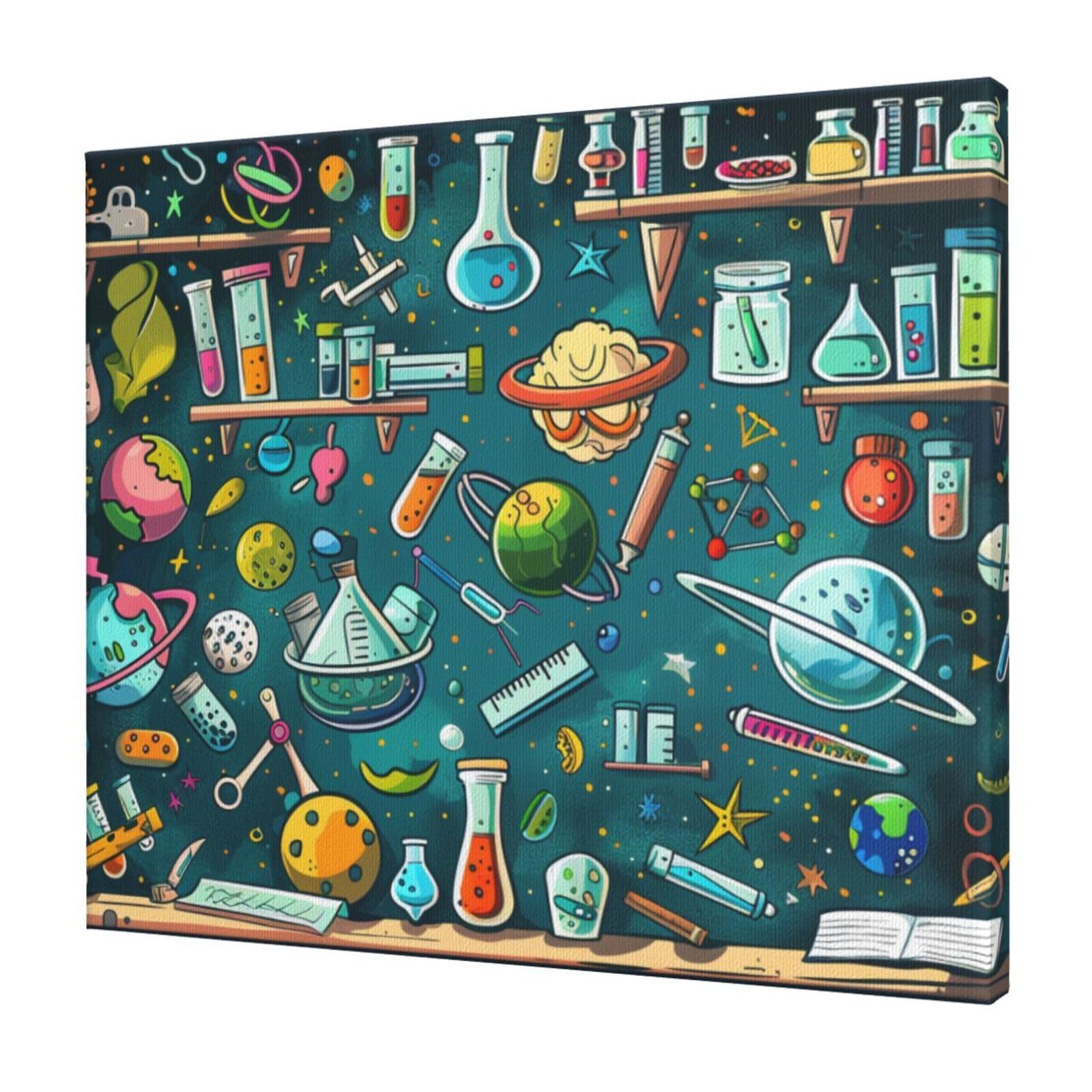 YKLJG Cartoon Science Theme Printed Wall Art Canvas Prints 60x50 CM Wooden Framed Picture Painting Artwork for Bedroom Kitchen Home Office Decor