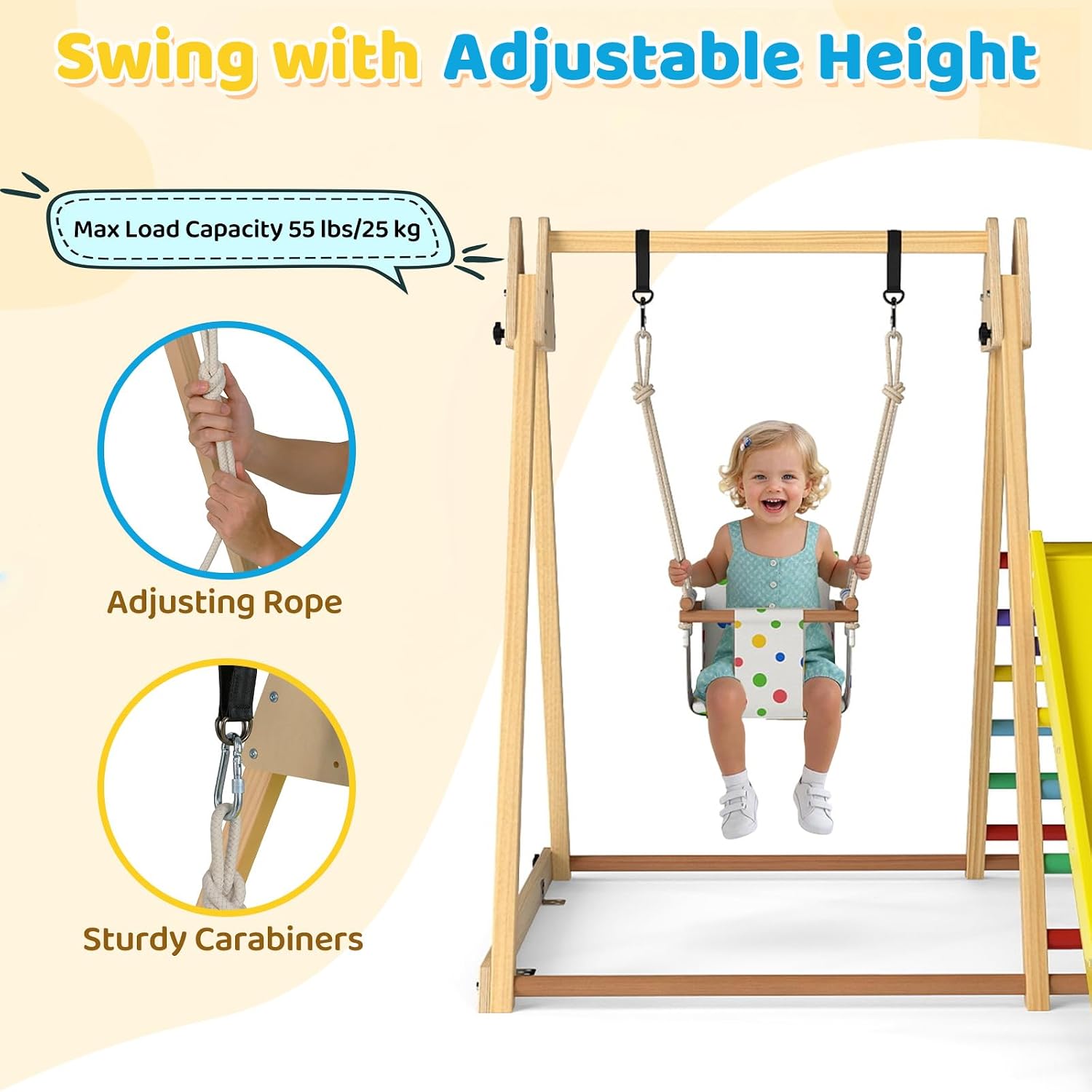 OLAKIDS Indoor Jungle Gym, 3 in 1 Wooden Foldable Montessori Toddler Climbing Toys with Adjustable Baby Swing Ramp Ladder