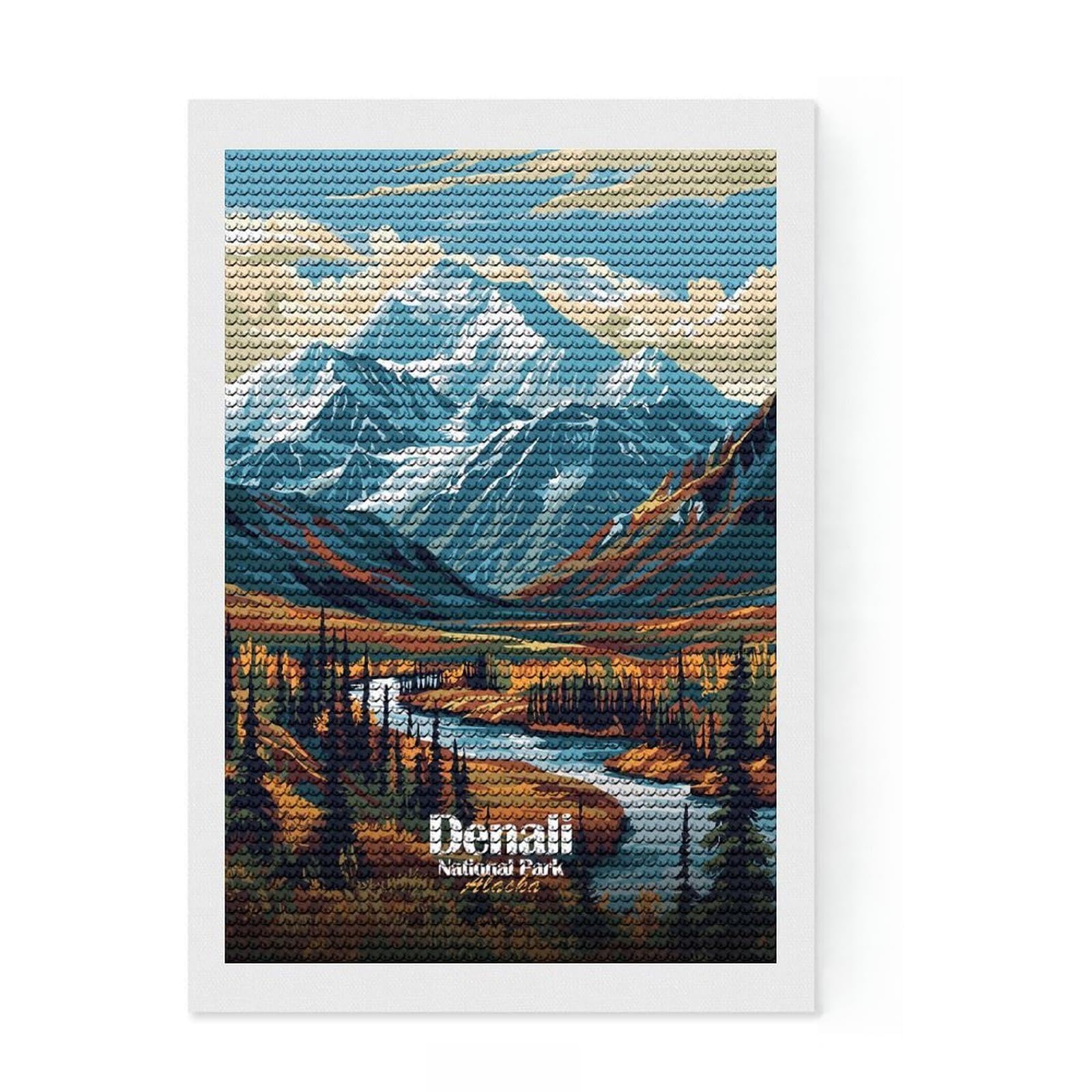 Junmoney Denali National Park Alaska Illustration Diamond Painting Set 8"x12", Festive Home Decor, with Tool Kit, Gift Idea, Thoughtful Present, Creative Hobby