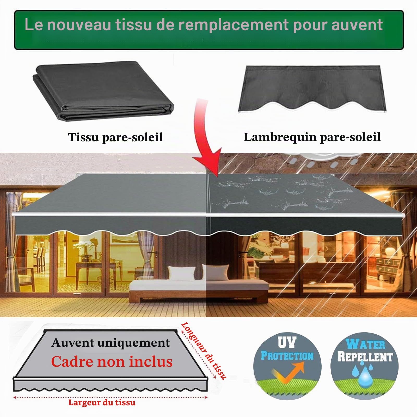 Store banne rétractable Manuel en Tissu pour terrasse, Pare-Soleil d'extérieur, Protection UV, imperméable, pour terrasse et Cour (Dimensions : 4 x 2 m, Couleur : Gris foncé)