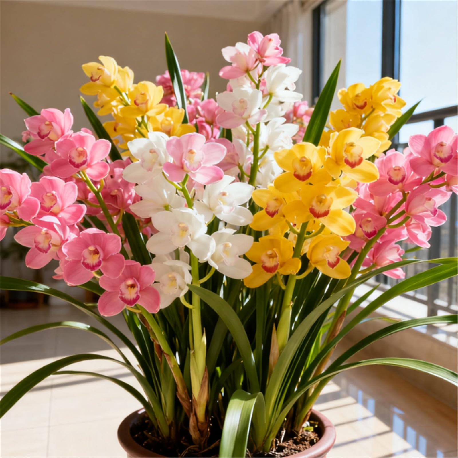 Fragrant Cymbidium Orchid - Indoor and Outdoor Potted Plants - Easy to Bloom/That Grow Fast/Golden Jade Carving/Garden-5 Roots-E