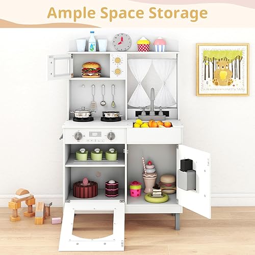 Miniatura 6 de INFANS Cocina para niños, juego de simulación de madera con alturas ajustables, sonidos realistas, máquina de hielo, horno microondas, juguete de