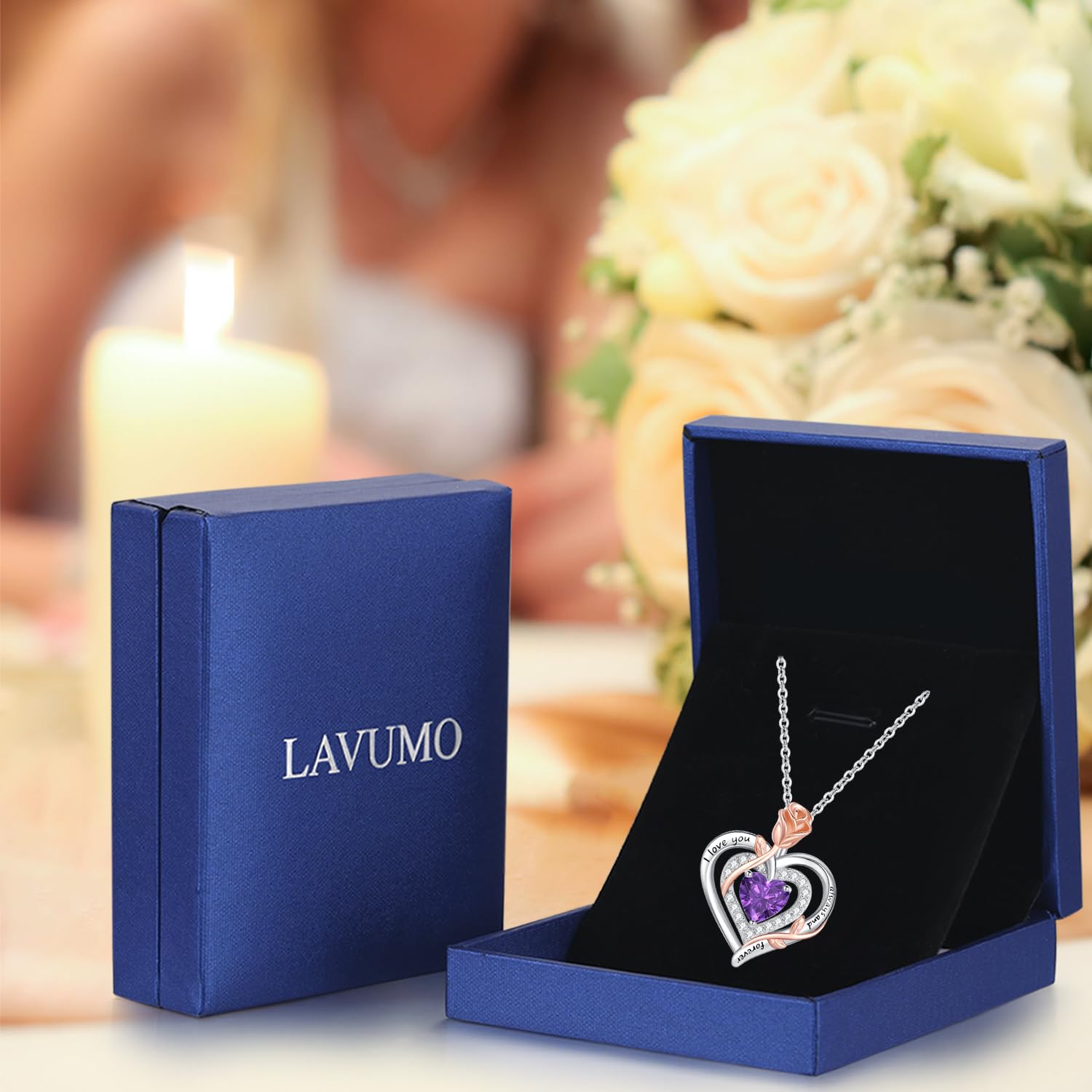 LAVUMO Halskette Damen Silber Doppel Herz Rose Schmuck Geschenke Frauen | Kette Damen Geburtsstein Halsketten Muttertag Geburtstag Valentinstag Weihnachten Hochzeitstag Geschenk für Frauen Freundin