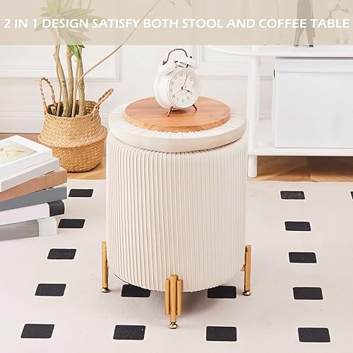 Miniatura 4 de Mxfurhawa Taburete otomano redondo con almacenamiento de 23 cuartos de galón, reposapiés de piel sintética, taburete de tocador, asiento acolchado