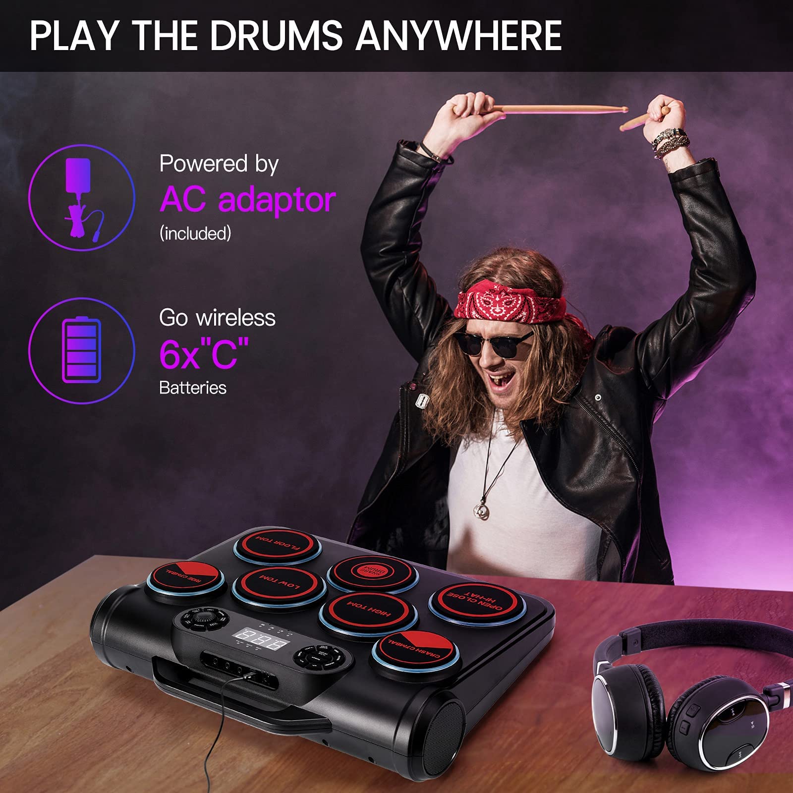 WekiiStar Batteria Elettronica Per Principianti — 7 Pad Sensibili, USB-MIDI, Portatile Con 216 Suoni E 45 Kit Preimpostati