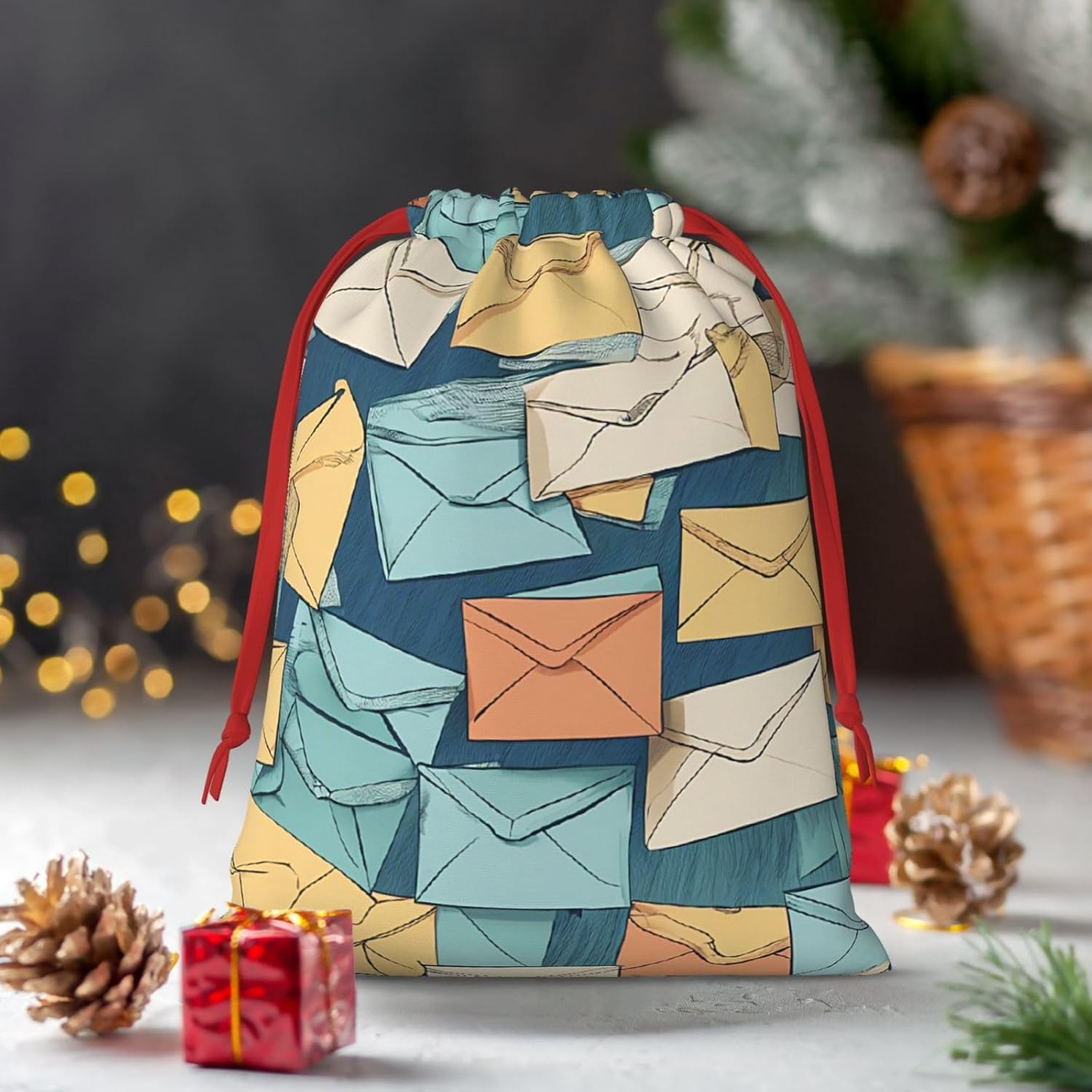 MRDHHHKB Postal Stationery Printed Plush Drawstring Gift Pouch Large Size Holiday Present Bag for Christmas Candy and Small Treasures