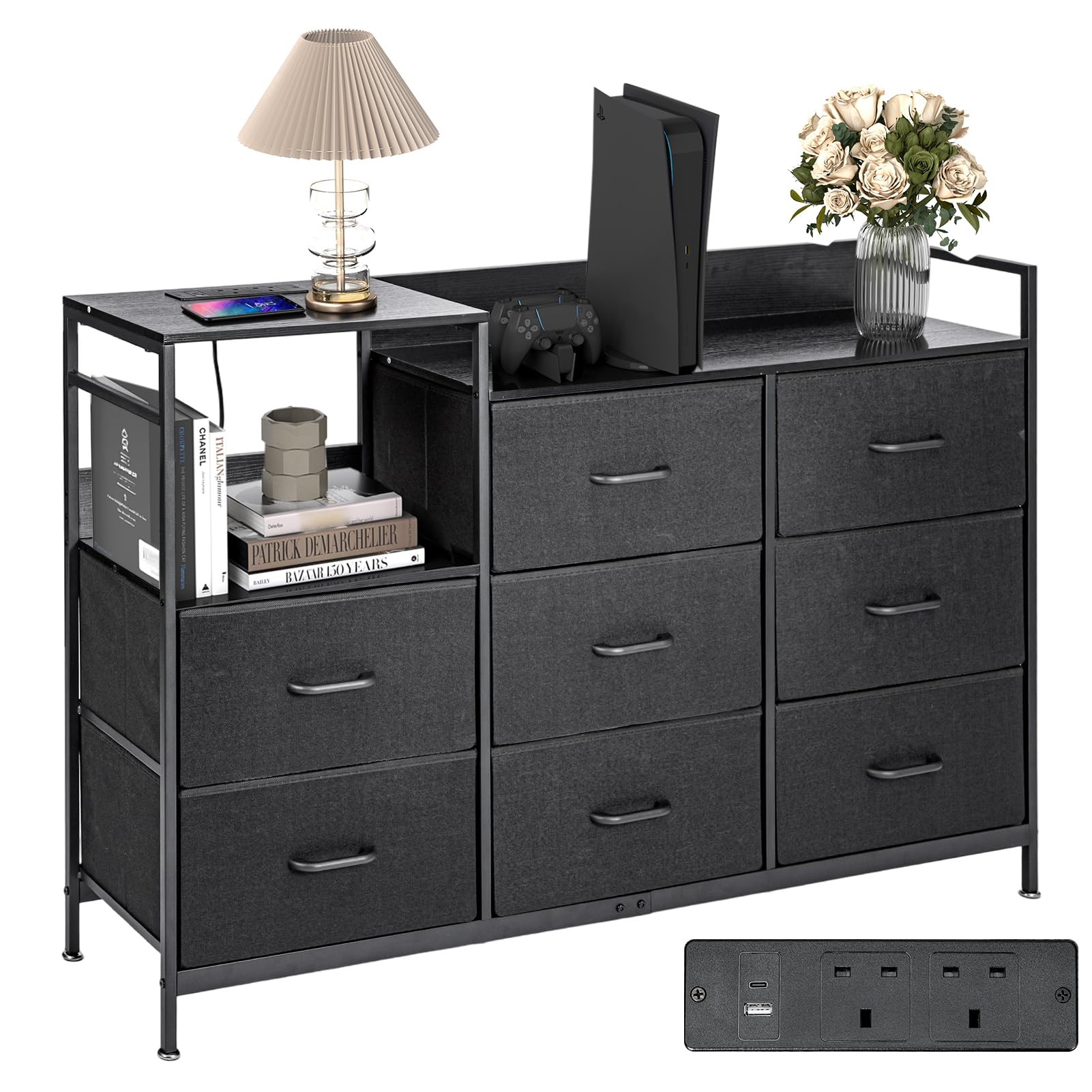 Bedroom Chest of Drawers,Storage Drawers for Bedroom with 1USB , 1 Type-C and 2AC Ports,Contains 8 Fabric Drawers Multi-functional Fabric Drawers Suitable for Bedrooms,Living Rooms,TV Stand (black)
