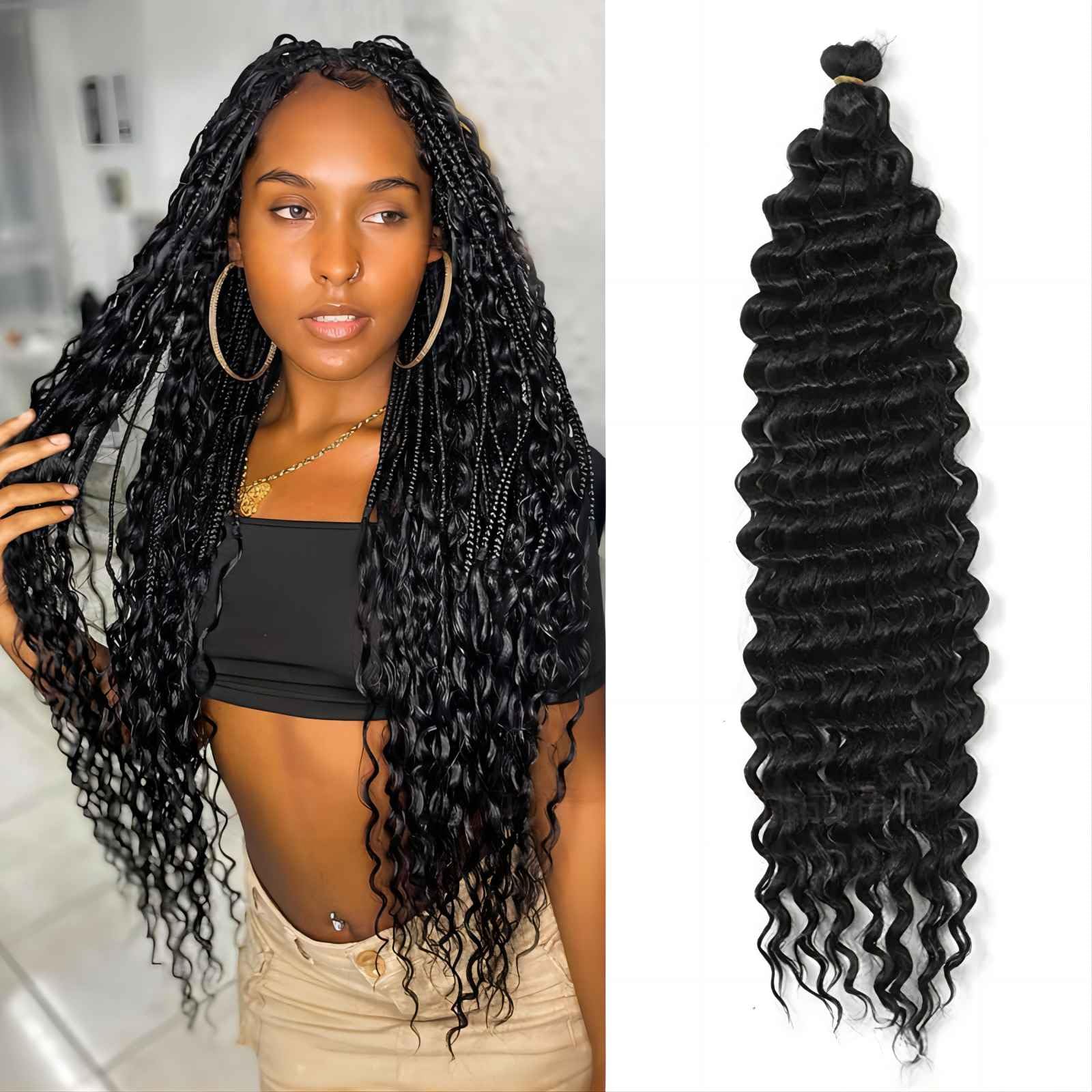 Wondsea Deep Twist Crochet Hair,30inch/76cm Passion Twist Hair,Ocean Wave Crochet Extensiones de pelo Deep Wave Trenzado,Trenzas de Crochet Bohemias Rizadas Ocean para Mujeres Niñas(negro)