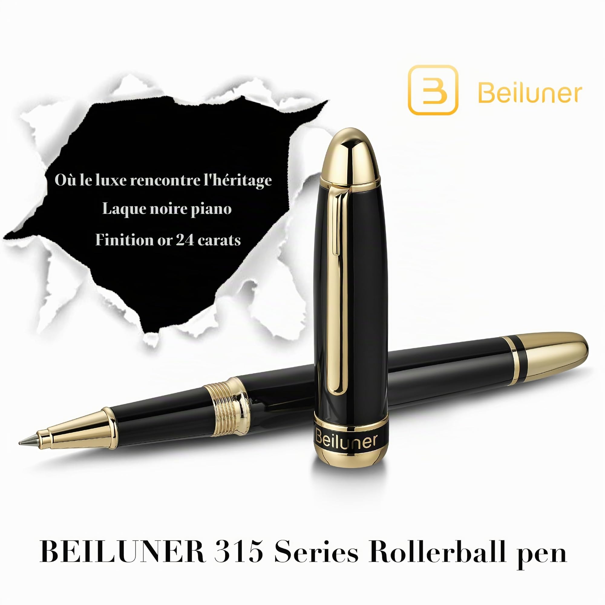 BEILUNER 315 Stylo Bille Roller de Luxe, Finition Or 24K Premium et Laqué Piano Élégant, Set Cadeau Cadre pour Professionnels et Diplômés, Stylo Bureau Raffiné - Noir & Or