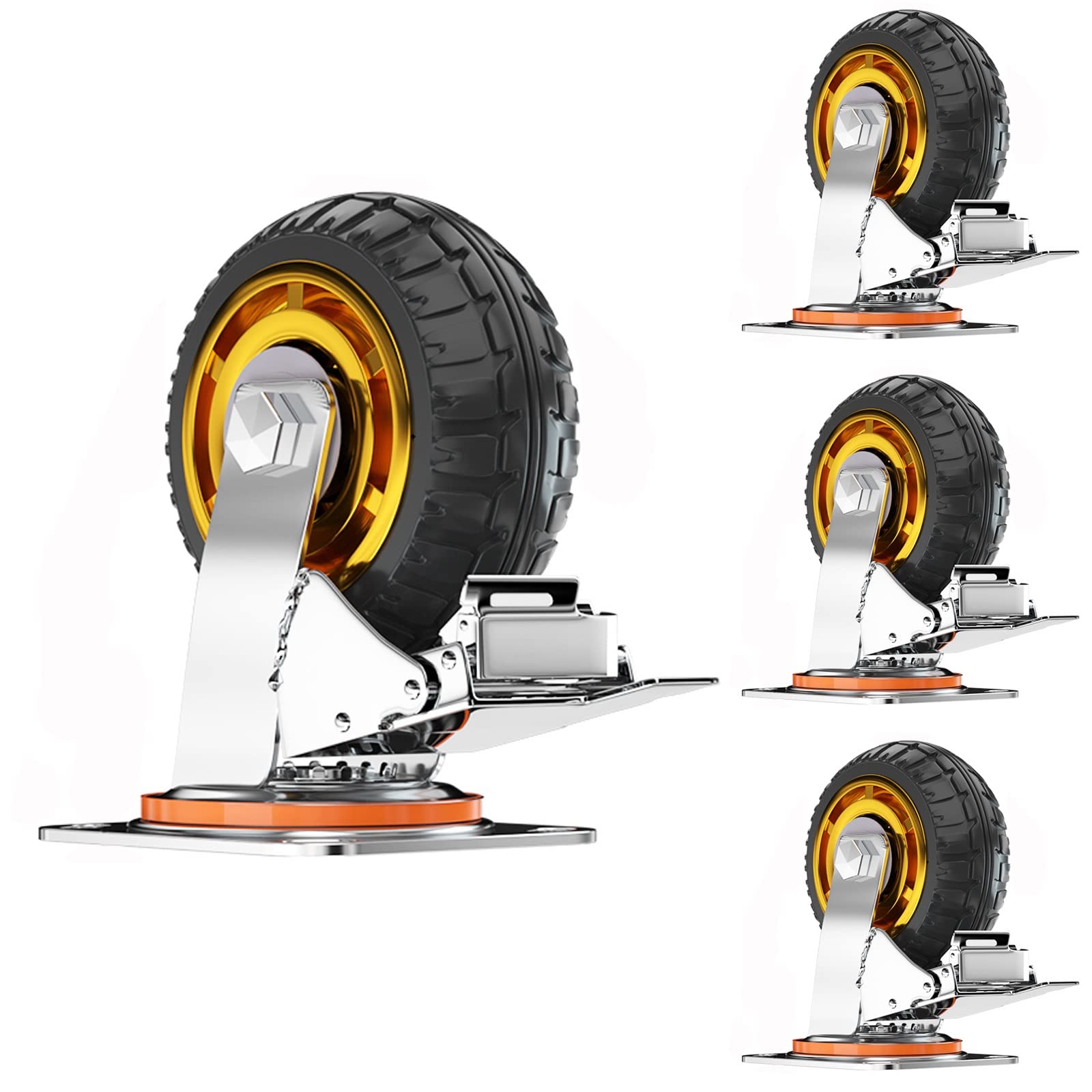 MXXQRHF Set of 4 Heavy Duty 8Inch Solid Rubber Swivel Casters Mute PunctureProof Wheels with Brake Industrial Swivel Plate & Fixed Casters for Smooth Mobility