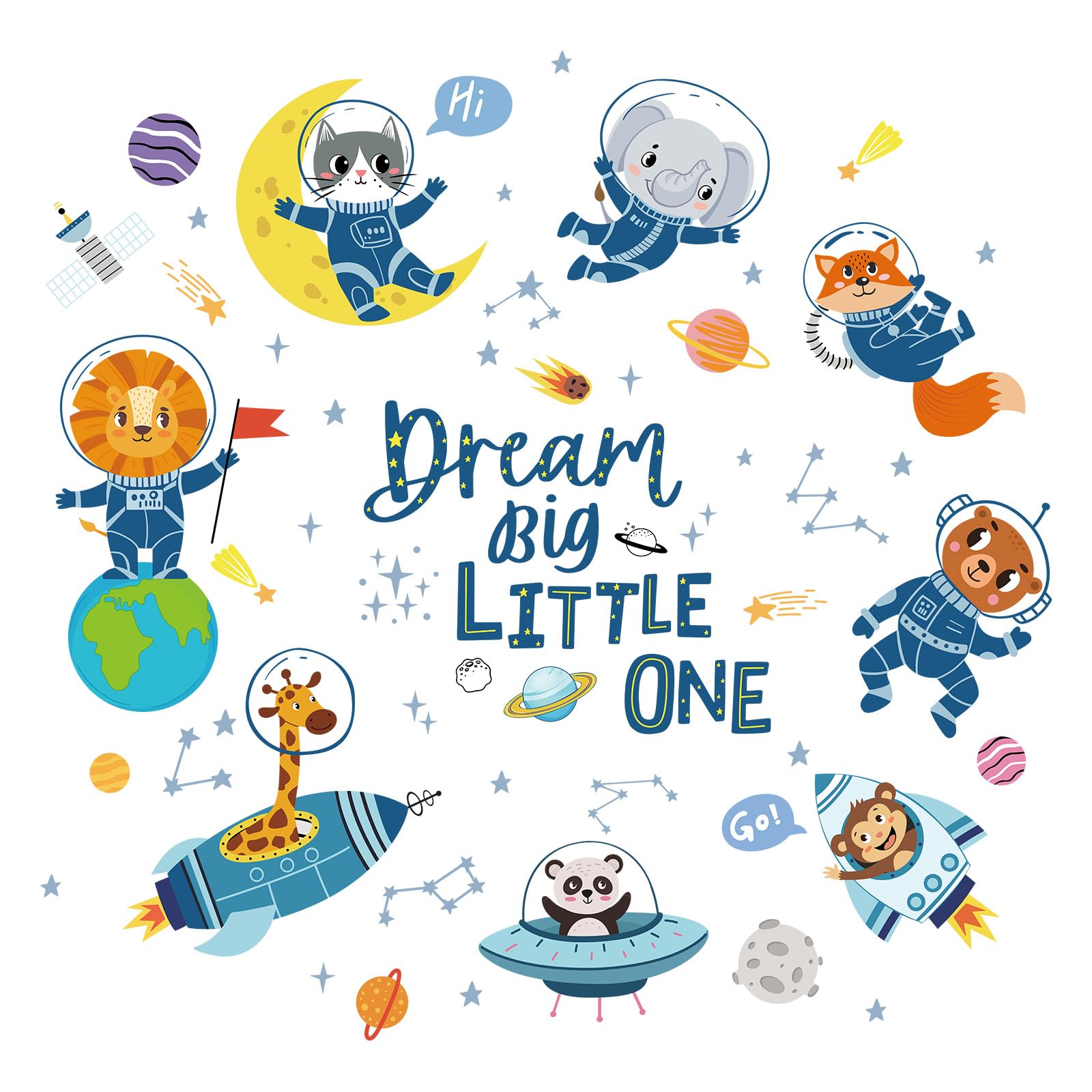 FUFUQUARE Cartoon Animal Astronaut Dream Big Little One Quote Wall Sticker