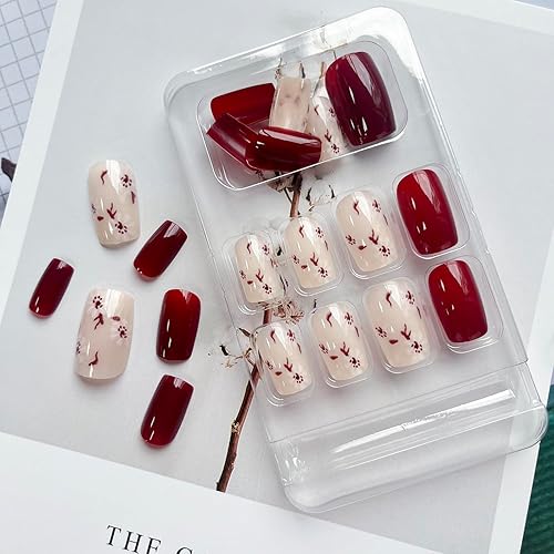 Miniatura 2 de 24 uñas postizas medianas a presión con forma cuadrada, color rojo vino, con diseños de flores, uñas acrílicas de otoño, cobertura completa, uñas