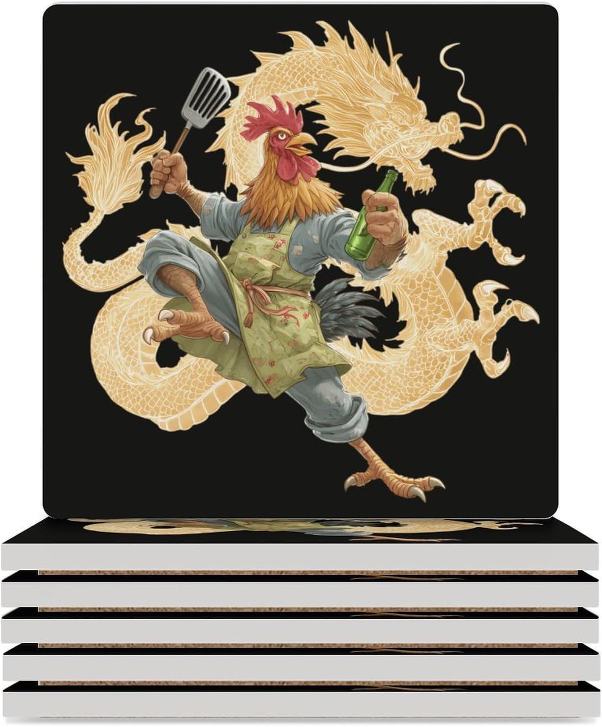 Chinese Kung Fu Cock Rooster Beer Coaster for Drinks Square Ceramic Table Coasters Stone Mat Crafts 4PCS Home Kitchen Decor