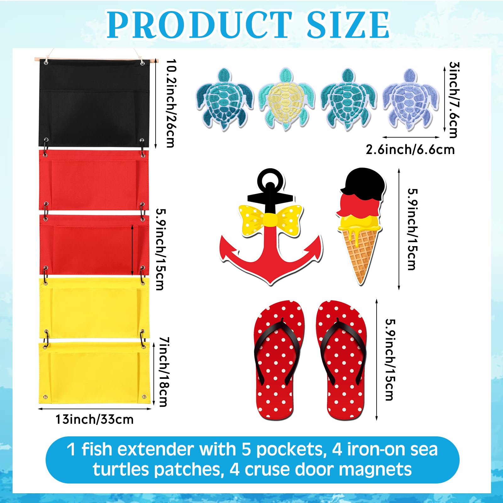 Yeyeplum Fish Extender Gift Hanging Organizer with 5 Pockets and 4 Pcs Iron on Sea Turtle Patches 4 Cruise Door Magnets Cruise Cabin Storage Bag 2025 Fe for Exchange Gift Pixie Dusting