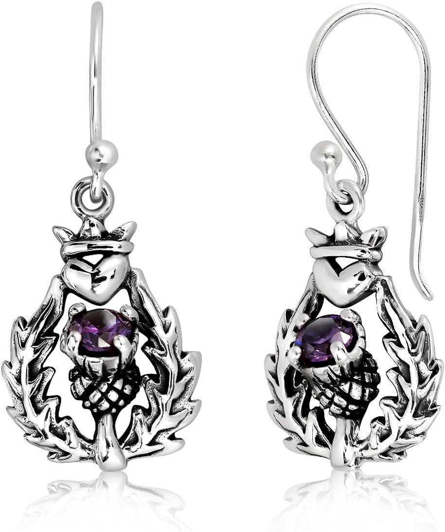 WithLoveSilver 925 Sterling Silver Classic Scottish Thistle Simulated Cubic Zirconia Heart Dangle Earrings