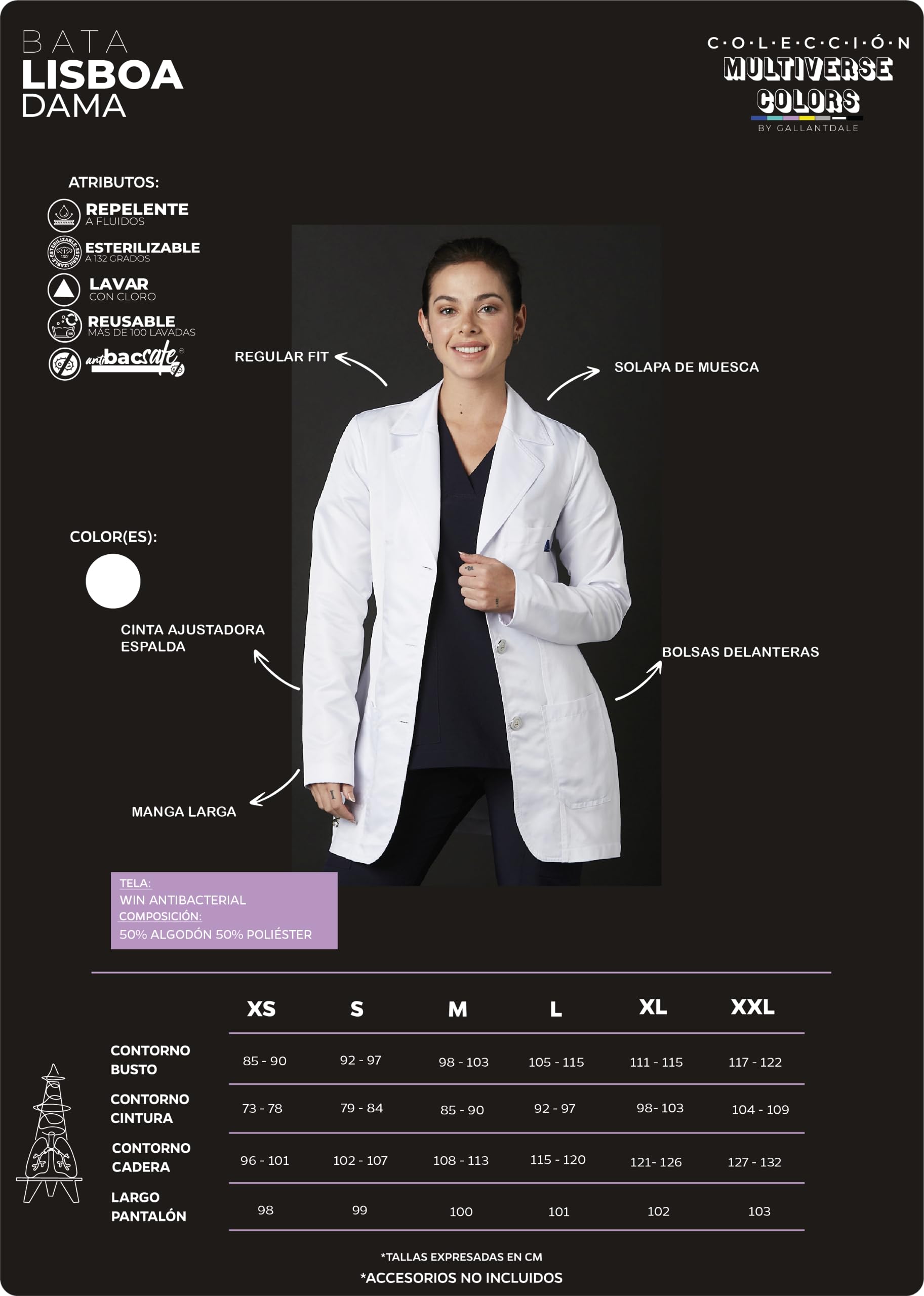 GALLANTDALE Bata Sanitaria De Trabajo Lisboa Mujer Antibacterial Repelente Esterilizable Resistente Reutilizable
