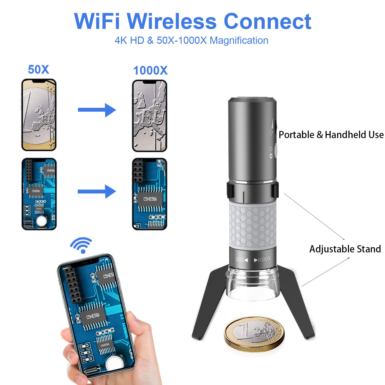 WiFi Digital Mikroskop, Kabelloses Tragbares Handmikroskop mit 4K-HD-Kamera, 50-1000X Vergrößerung, mit Verstellbarem Ständer, Kompatibel mit Smartphones, iPad, Mac und Windows-PCs