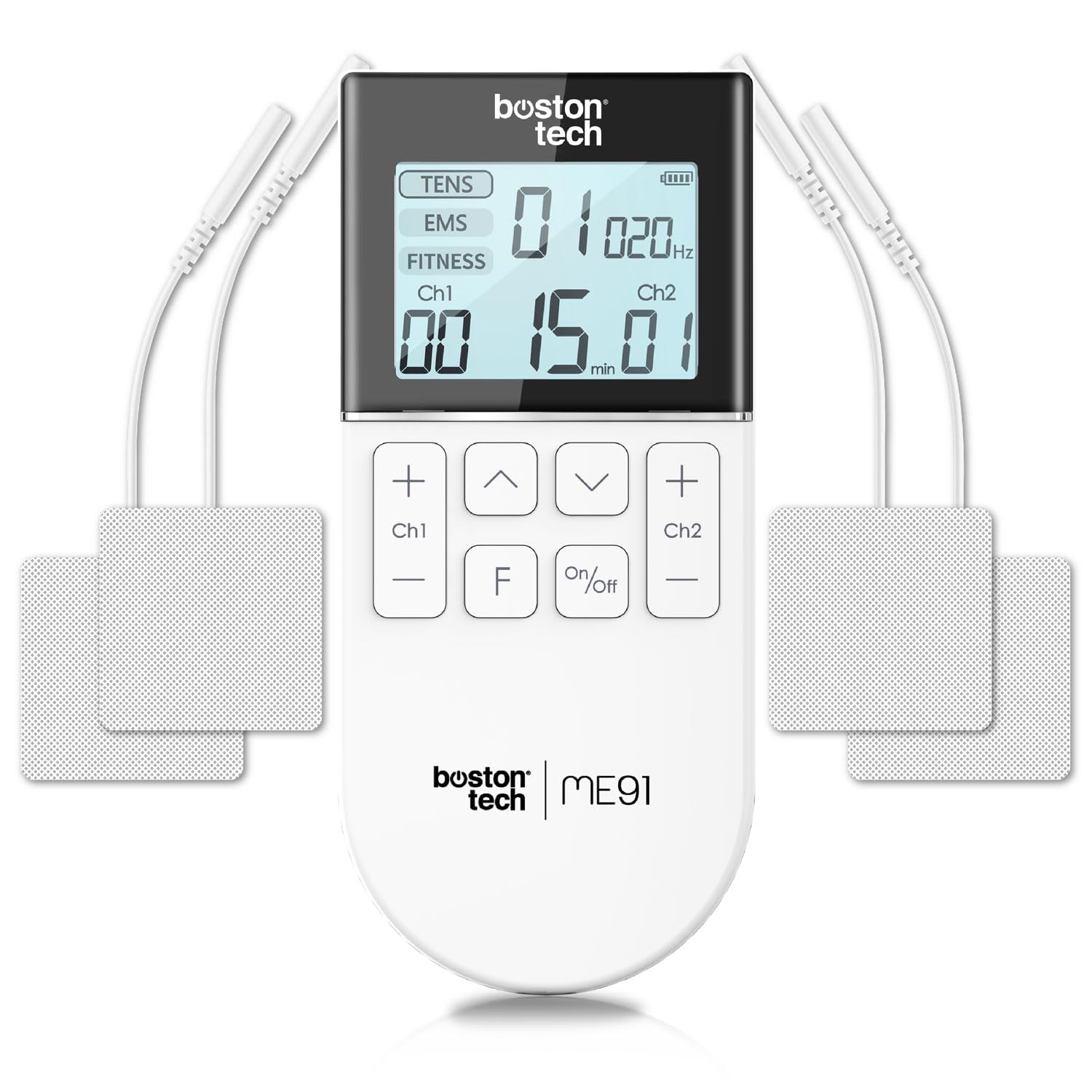 Boston Tech Elektrostymulator mięśni. TENS z 2 niezależnymi kanałami, z 3 trybami pracy TENS/EMS/Fitness. 50 ustalonych programów. 4 elektrody + 16 w prezencie, łącznie 20