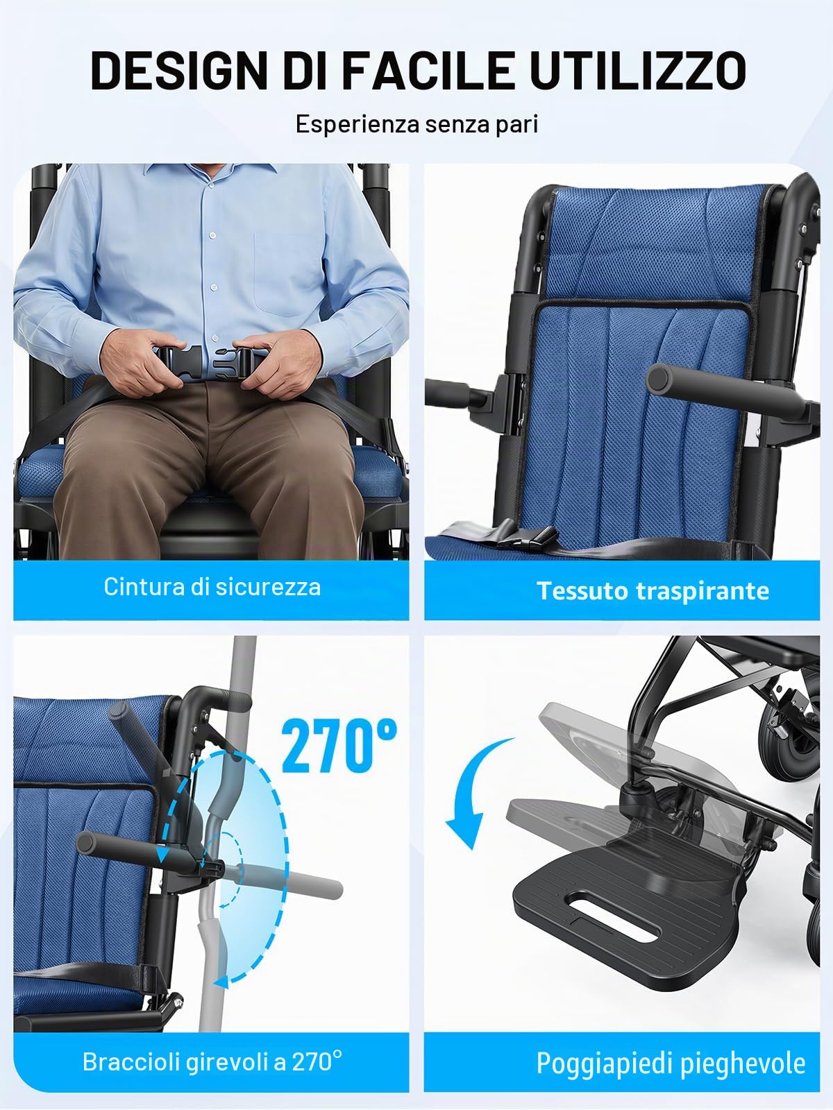 Sedia a Rotelle Pieghevole Leggera per Anziani, Sedia Rotelle da Transito in Alluminio (9kg) con Maniglia Telescopica, Carrozzina per Disabili Stretta da Viaggio e Aereo, Blu