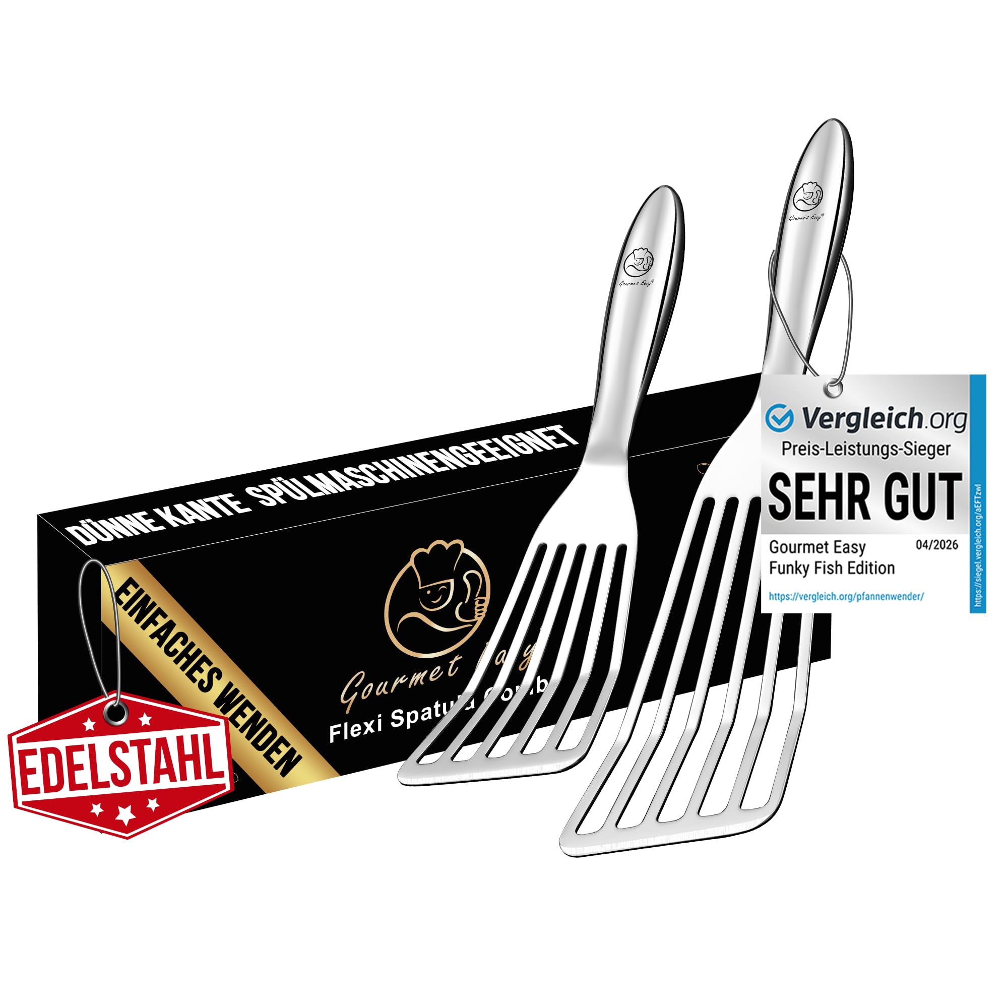 Pfannenwender Set aus rostfreiem Edelstahl für Fisch & Fleisch - Kleiner & Großer Pfannkuchenwender - Pfannenwender Edelstahl - Küchenhelfer 5 Jahre Ersatz