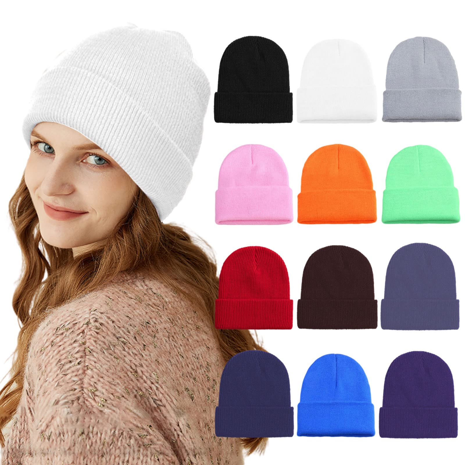 12 Pack Beanie Hat Knitted Candy Color Cuffed Skull Cap for Women Men Teens