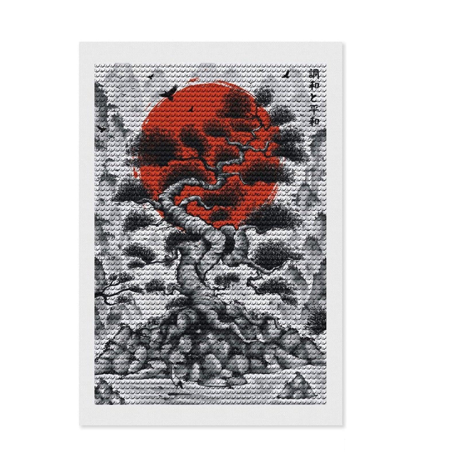 Junmoney Japanese Bonsai Tree Ink DIY Diamond Art Canvas Kit 8"x12", for Beginners, Simple to Start, Aesthetic Room Decor, Holiday Gift Idea