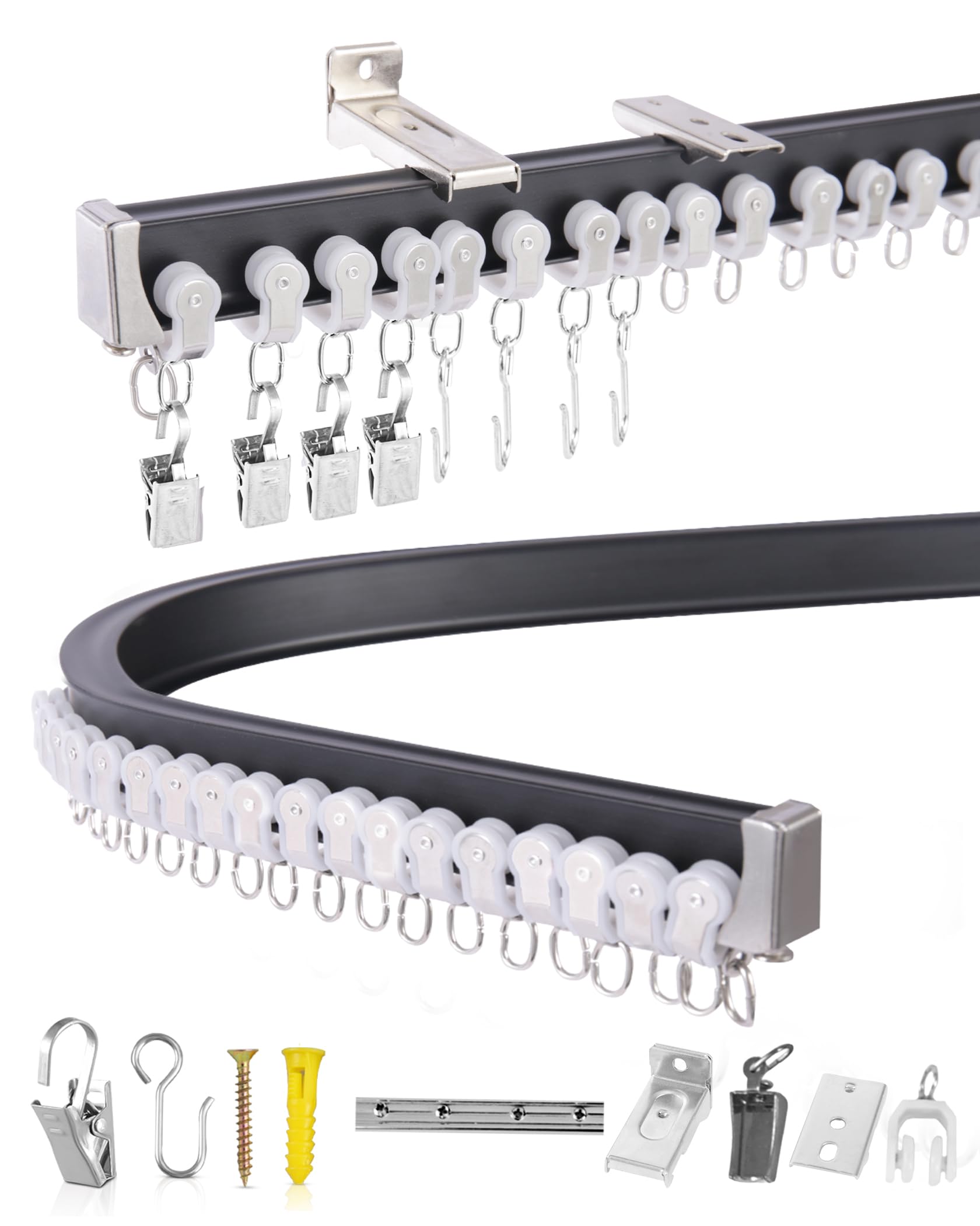 Ezcasch Flexible Ceiling Curtain Track 5m/16.40ft Aluminum Heavy Duty Curtain Track, Bendable Curtain Rail with Complete Fittings for Bay Window, Rooms, Support for Wall and Ceiling Mount (Black)