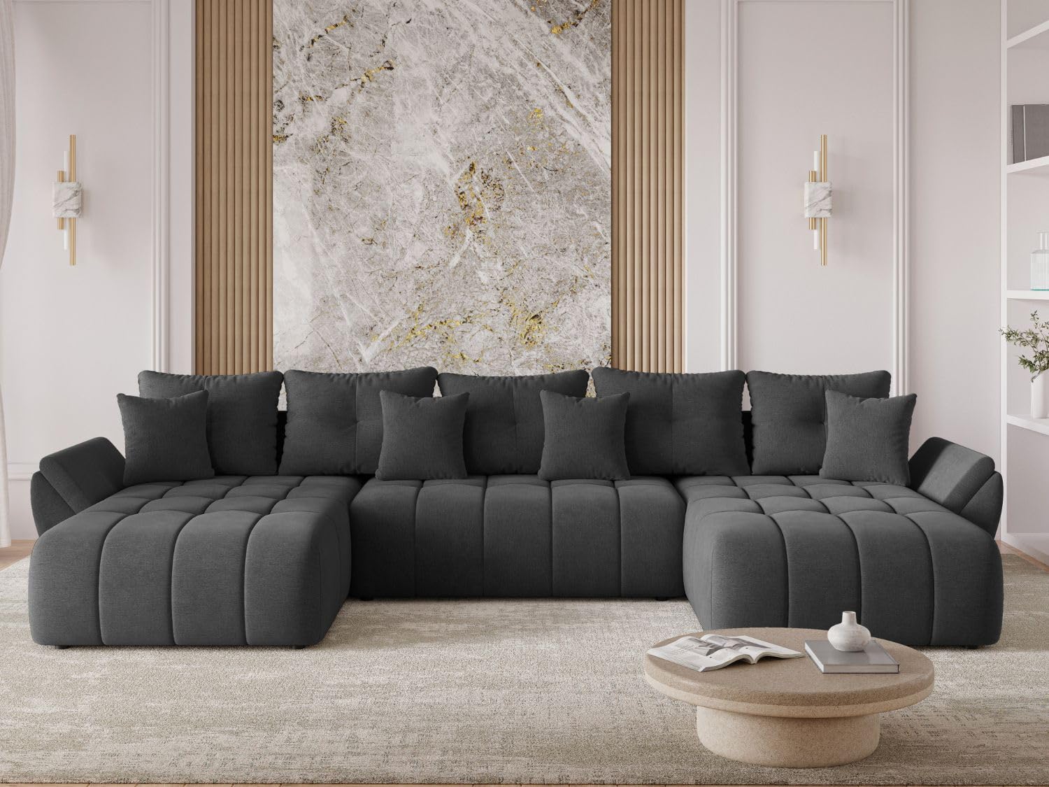 GRAINGOLD Decor U Ecksofa modern mit Bettfunktion, 382x192 cm, U-Form Sofa, Schlafcouch für Wohnzimmer, Veloursstoff, 5-Sitzer Wohnlandschaft, Ecksofa mit Bettkasten (Anthrazit)