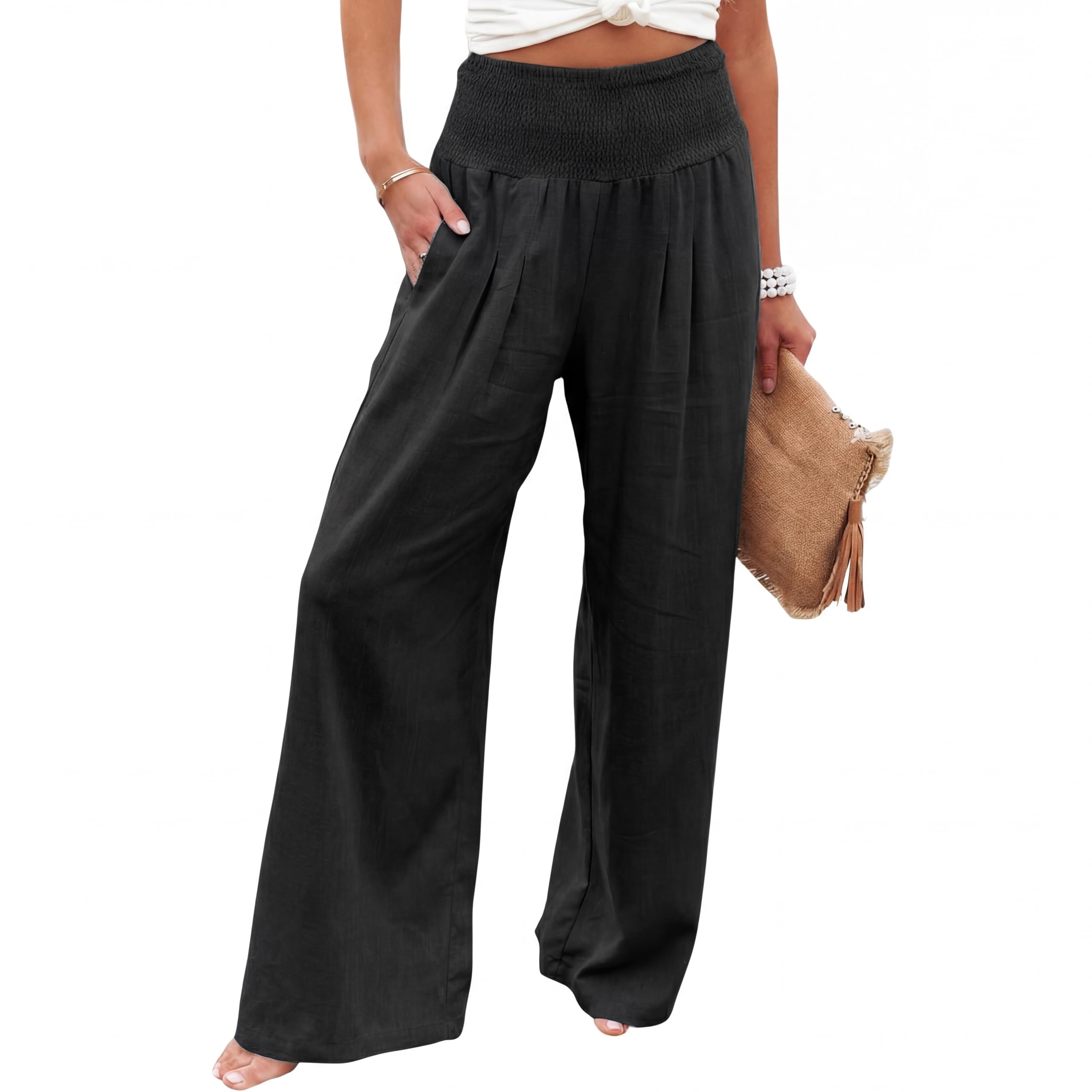 Women Linen Palazzo Pants Summer Boho Wide Leg High Waist Casual Lounge Pant 2026 Beach Travel Vacation Outfits