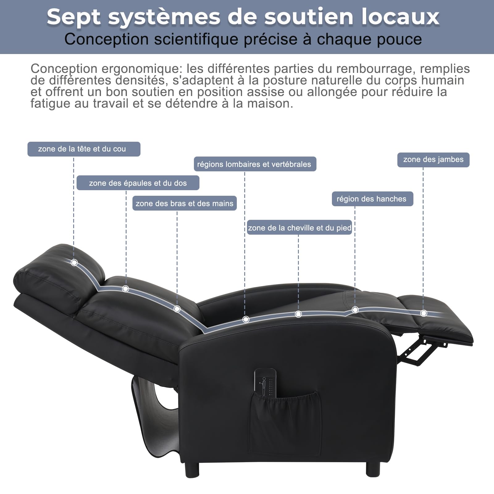LEADZM Fauteuil Inclinable avec Massage Électrique, Chauffage et Dossier Basculant à Commande Manuelle – Fauteuil Relax pour Chambre, Salon et Home-Cinéma (PU, Noir)