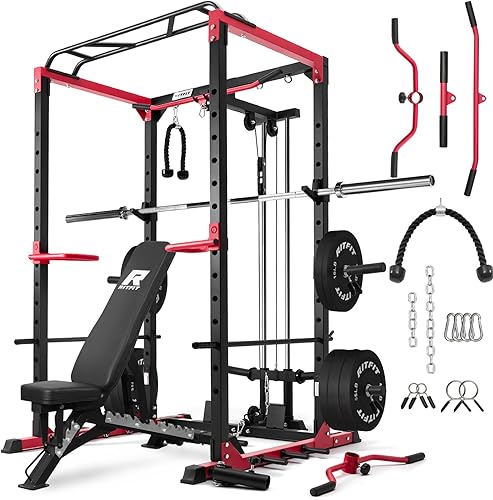 Miniatura 9 de RitFit Estante para sentadillas todo en uno para gimnasio en casa, PPC02C multifunción de capacidad de 1000 libras con sistema de polea, barra de