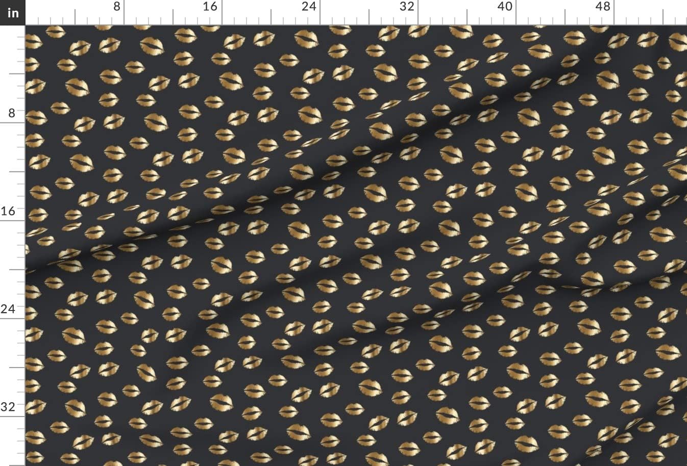 Spoonflower Fabric - Gold Lips Gray Kiss Black Confetti Lip Kisses Print Printed on Satin Fabric by The Yard - Sewing Lining Apparel Fashion Blankets Decor