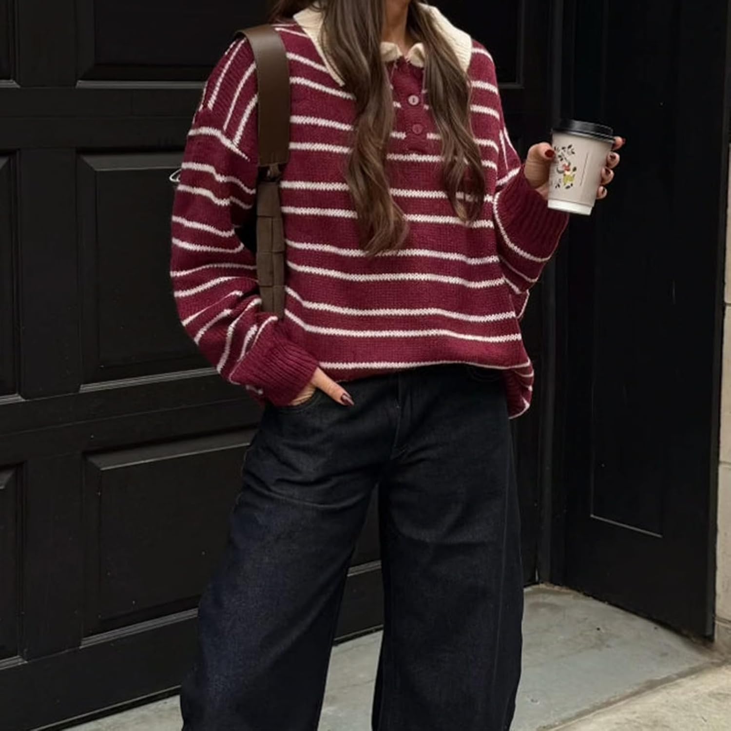 Women Y2k Striped Rugby Polo Shirt Knit Vinatge Tops Long Sleeve Button Collared Neck Preppy Pullover Sweatshirt - Image 3