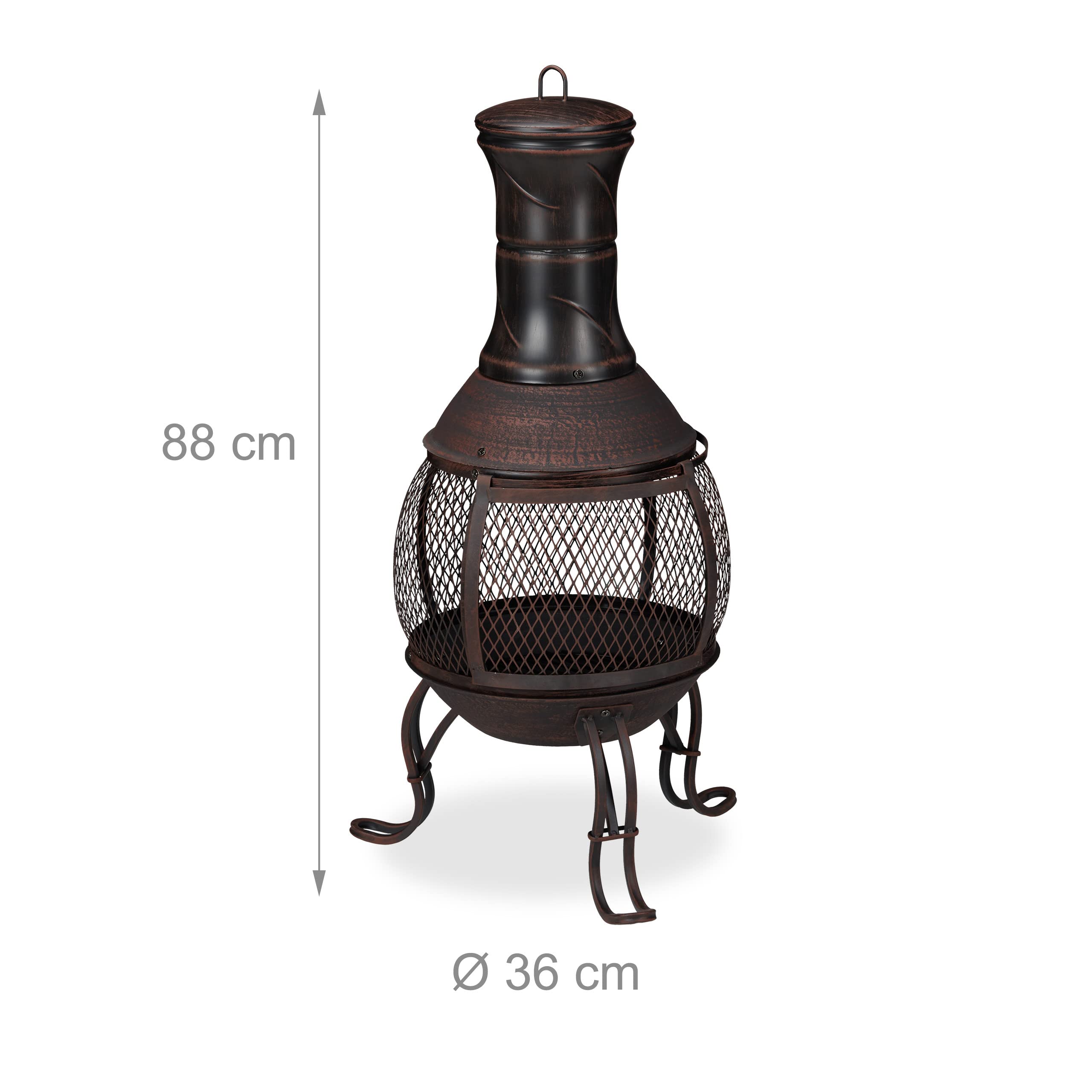Relaxdays Terrassenofen, Stahl & Gusseisen, HxD: 88 x 36 cm, Gartenkamin Funkenschutz, Chiminea, Aztekenofen, rot/Bronze