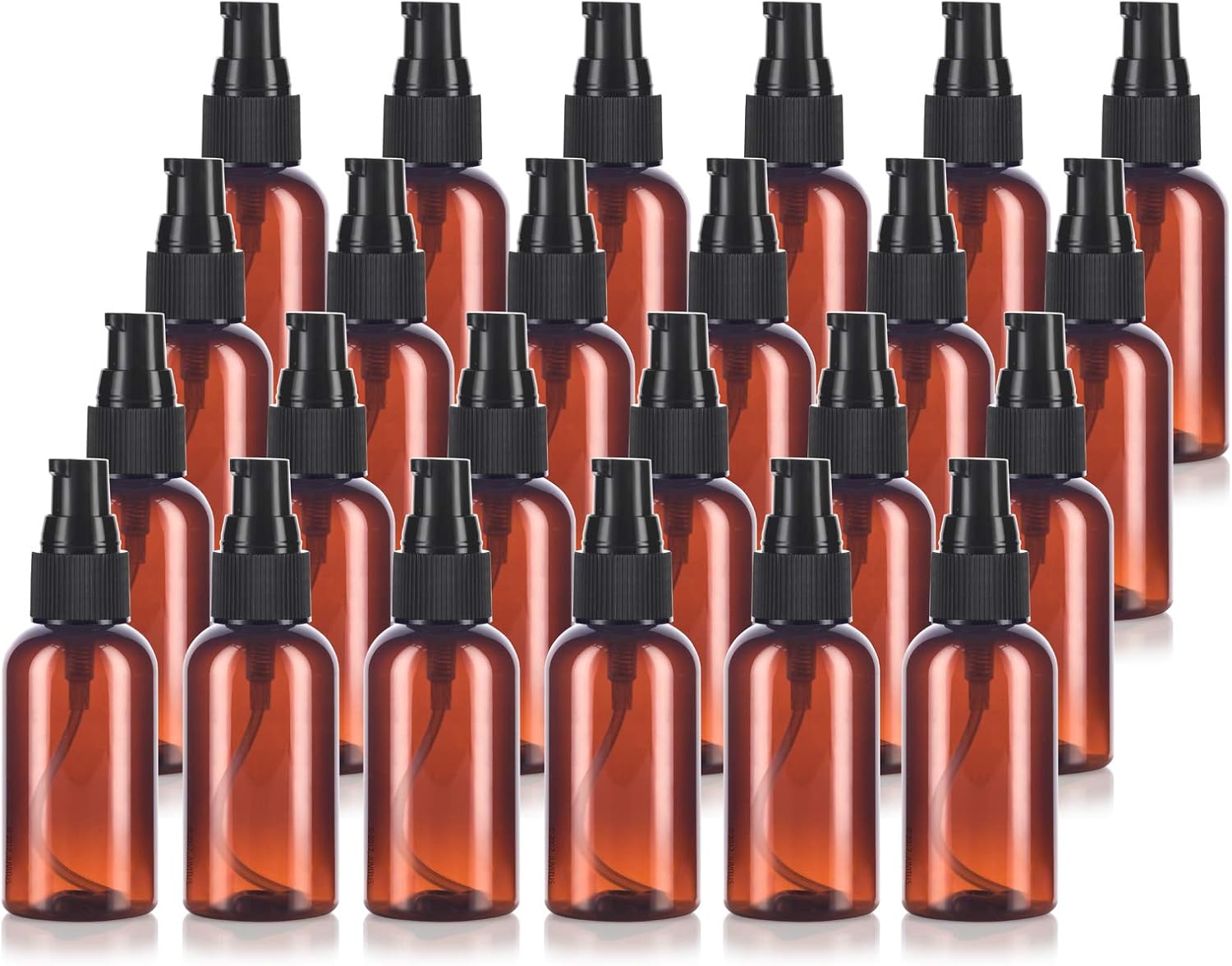 JUVITUS 2 oz Amber Boston Round Plastic Bottles (BPA Free) with Black Treatment Pump (24 Pack)