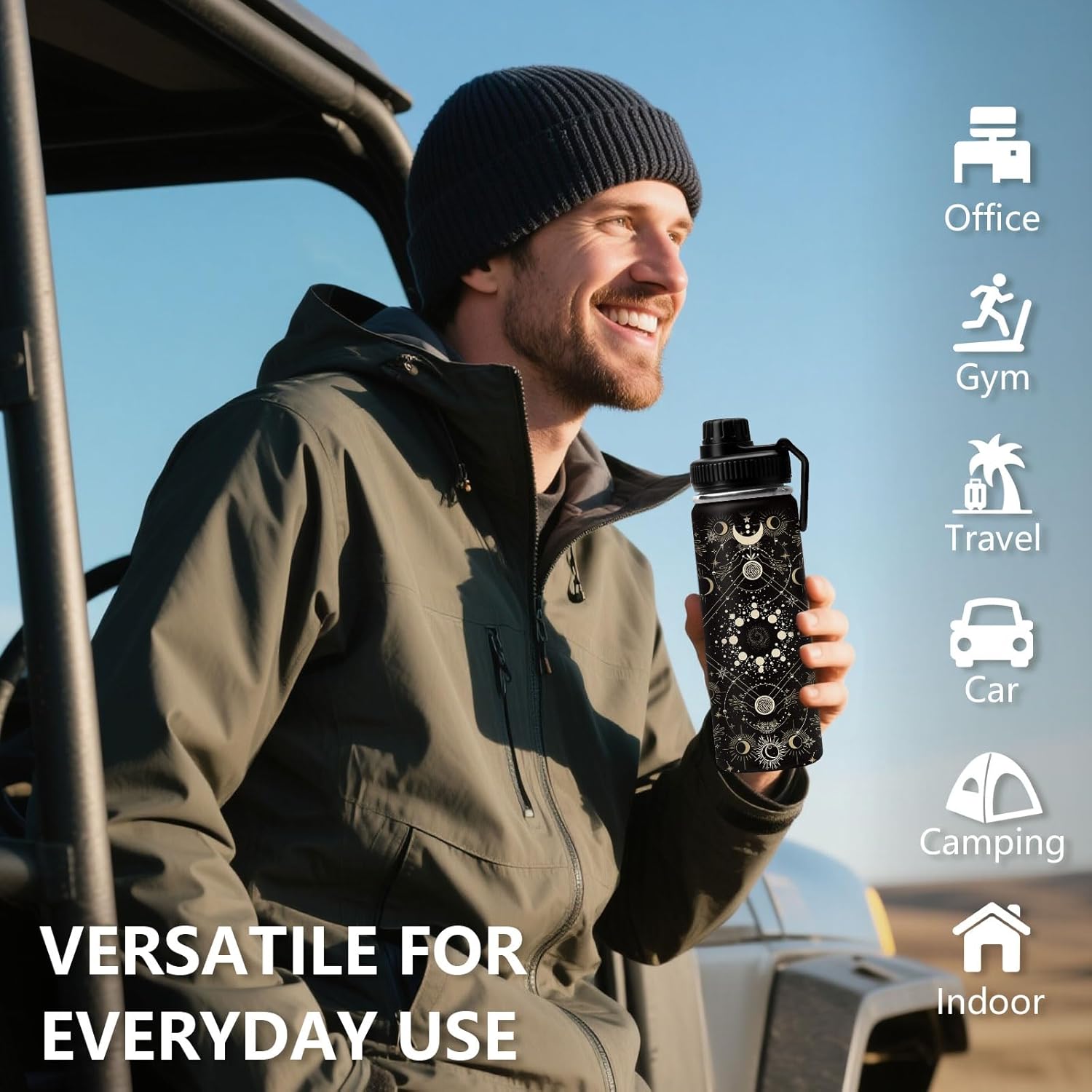 Goth Gifts for Women, Goth Water Bottle, Stainless Steel Moon Witchy Tumbler for Home with 2 Lids & Handle, Anti Slip Silicone Boot, 18 Oz Leak-Proof Bottle for Goths Style Lovers, 1 PCS