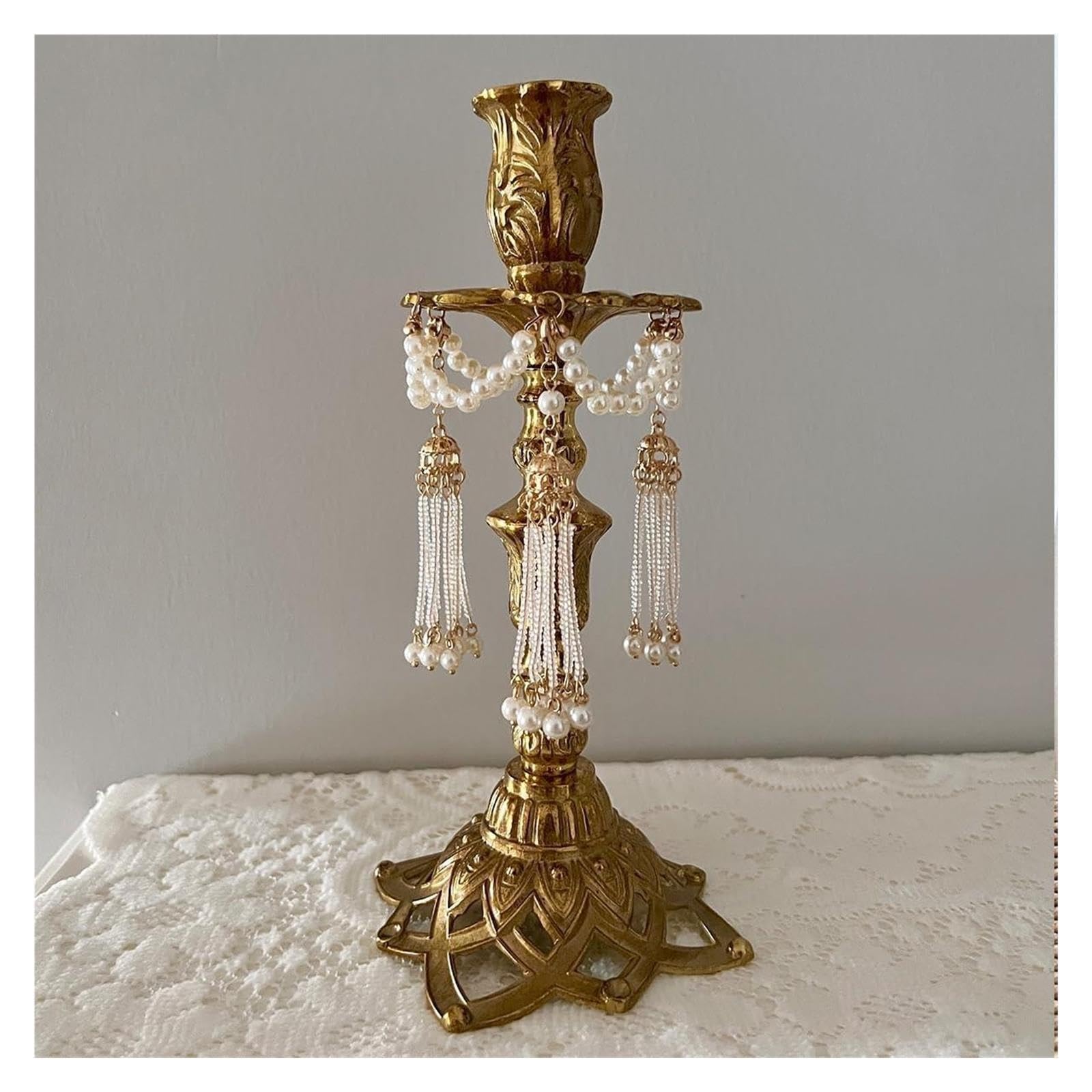 Portacandele Candele coniche con Nappe di Perle Candeliere in Ottone Decorazioni per la mensola del Camino
